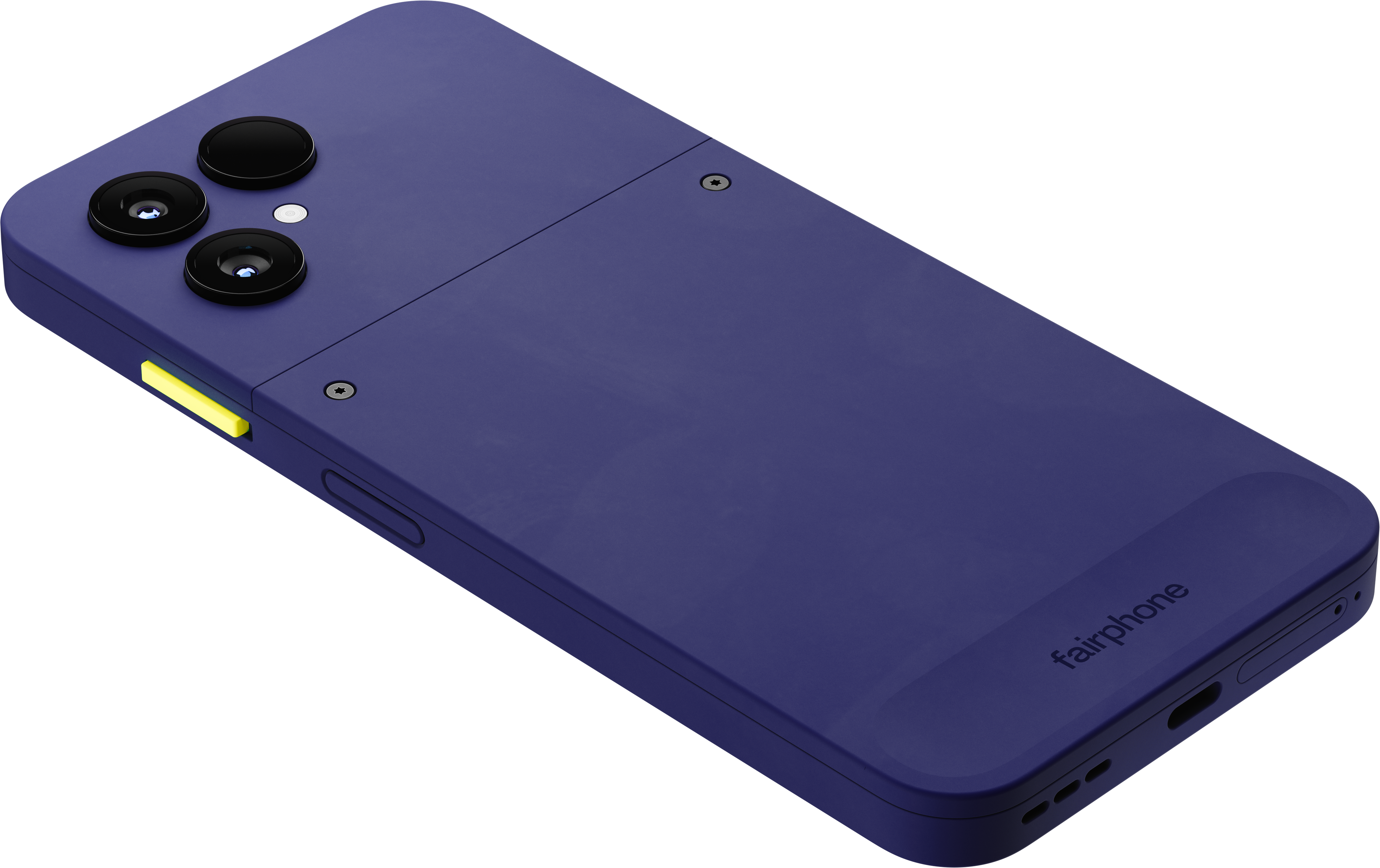 Ein violettes Smartphone auf weißem Hintergrund mit drei Kameraobjektiven und dem Fairphone-Logo.