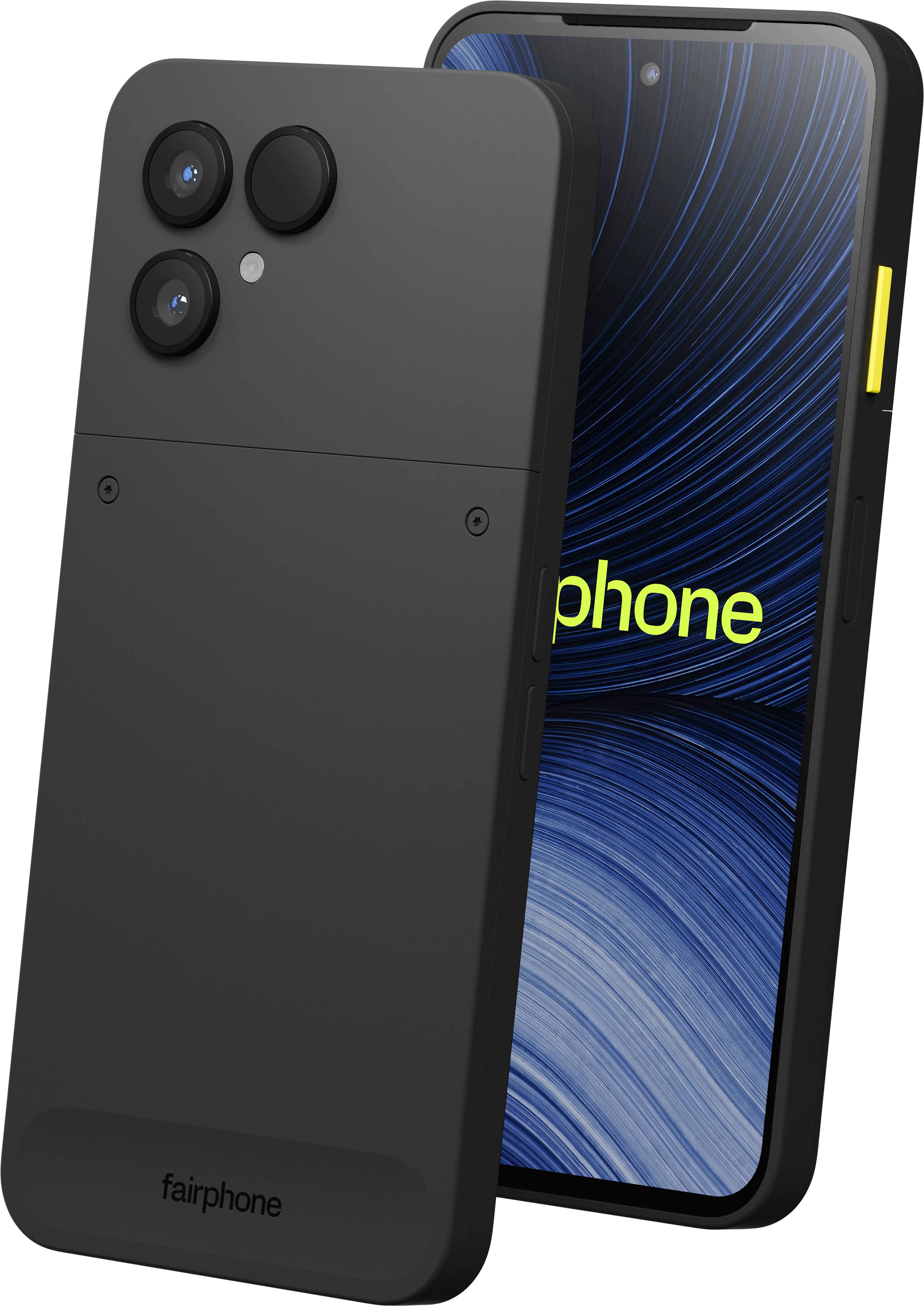 Zwei schwarze Smartphones stehen schräg nebeneinander; eines zeigt die Rückseite mit Kameras, das andere den Bildschirm.