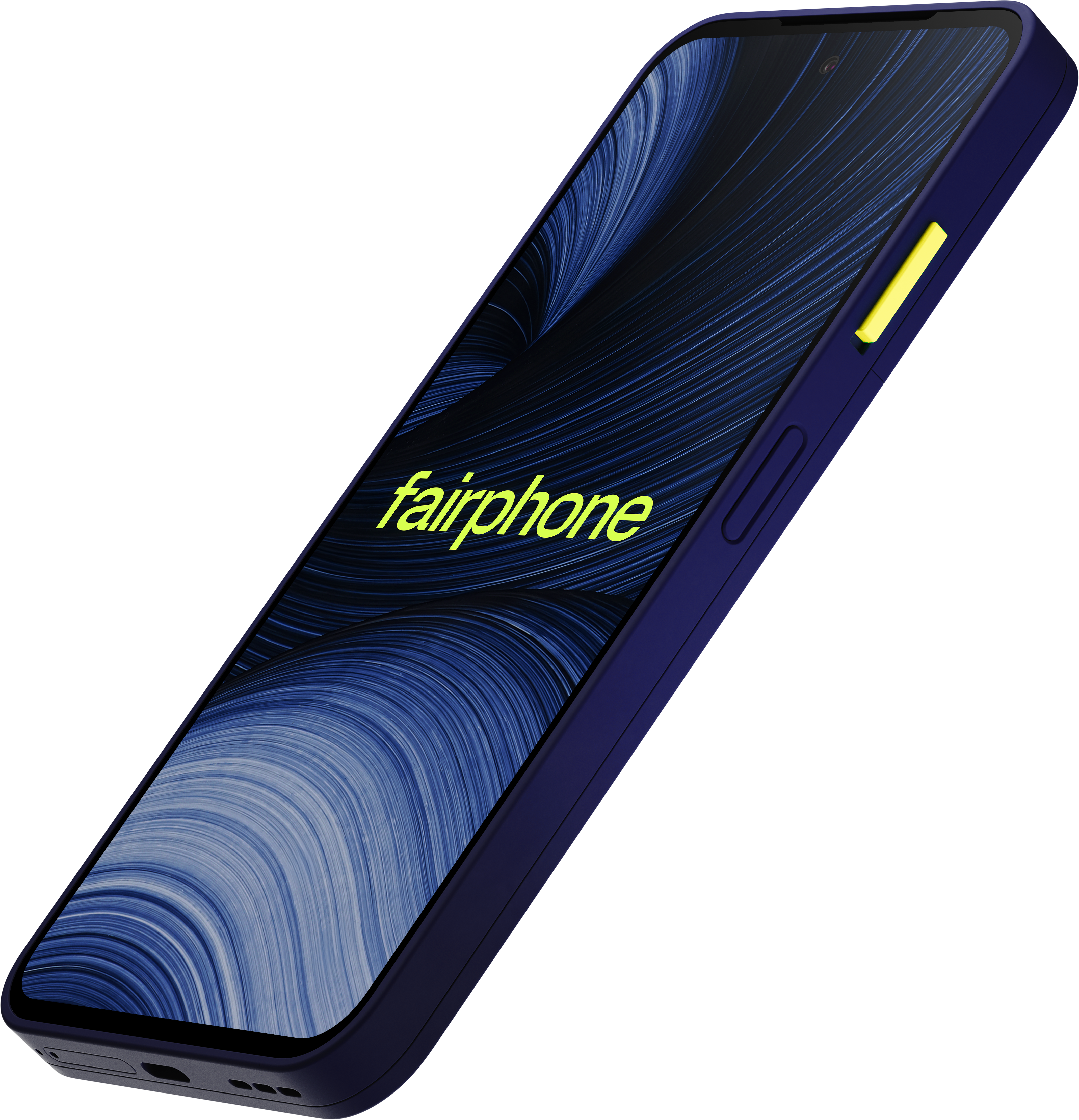 Ein dunkelblaues Fairphone-Smartphone schräg nach oben, mit blauem Mustermonitor und gelbem Einschaltknopf.