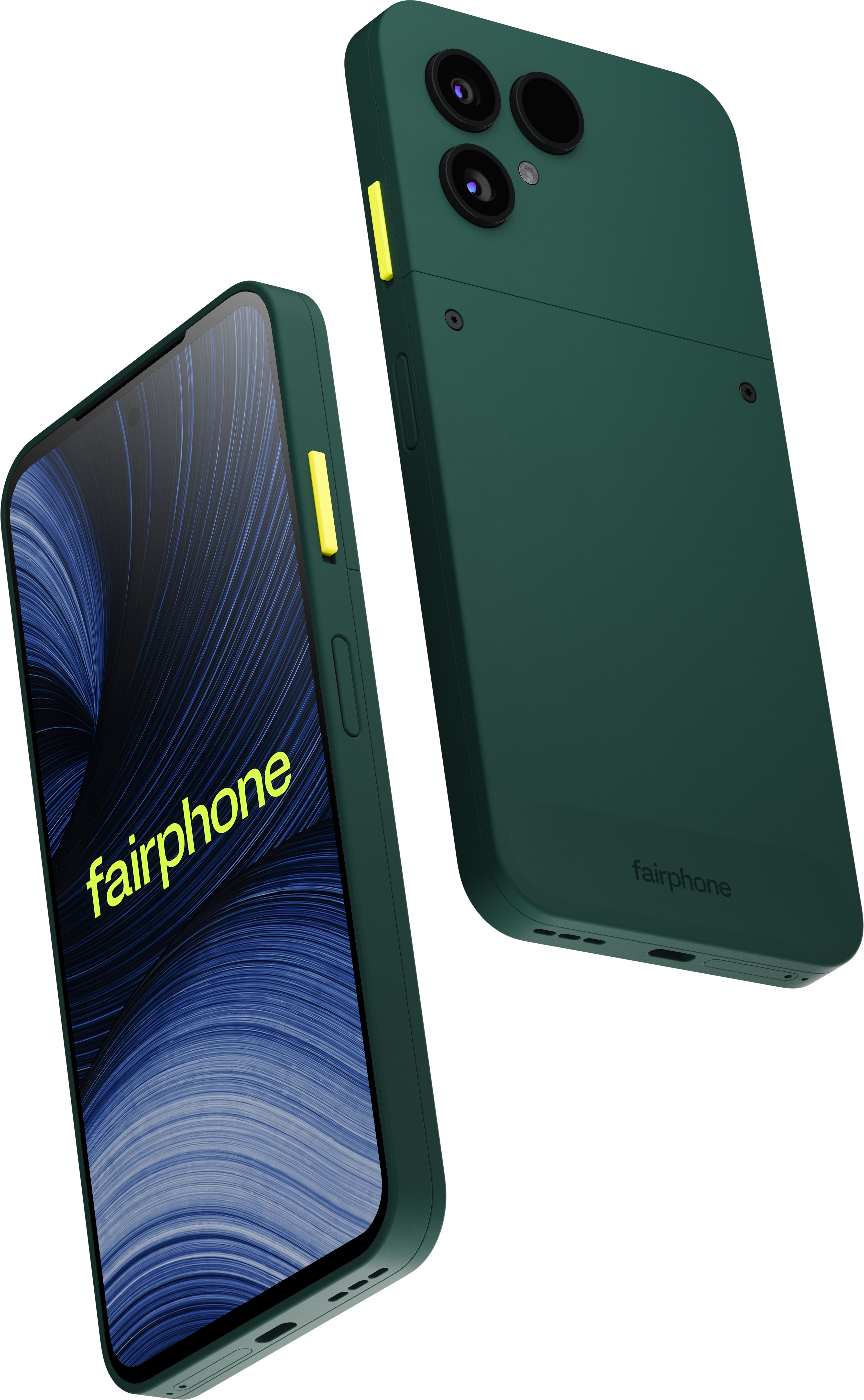 Grünes Fairphone mit hellgelben Akzenttasten und dreifacher Kamera.