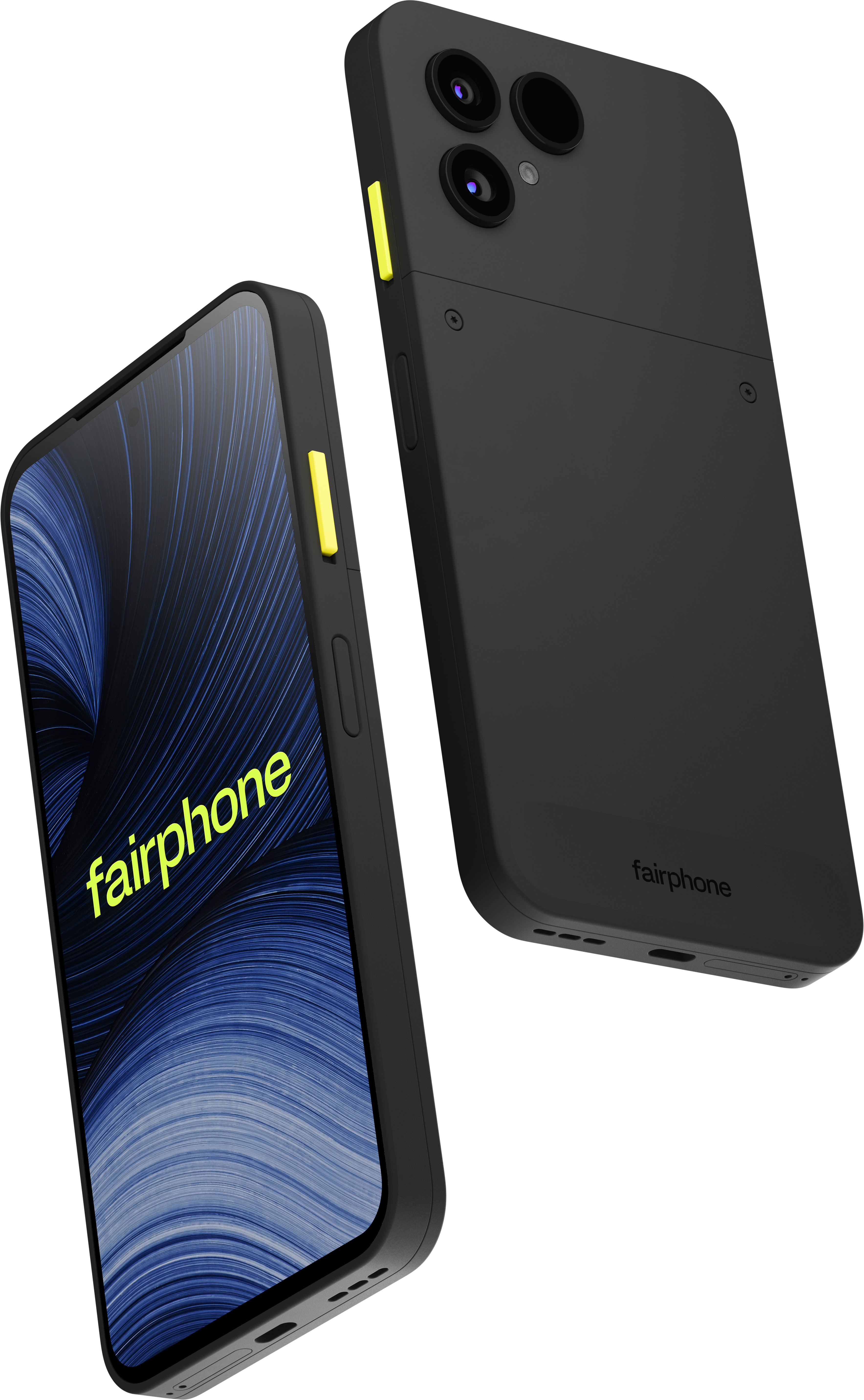 Schwarzes Fairphone mit gelben Knöpfen zeigt Vorder- und Rückseite auf weißem Hintergrund.