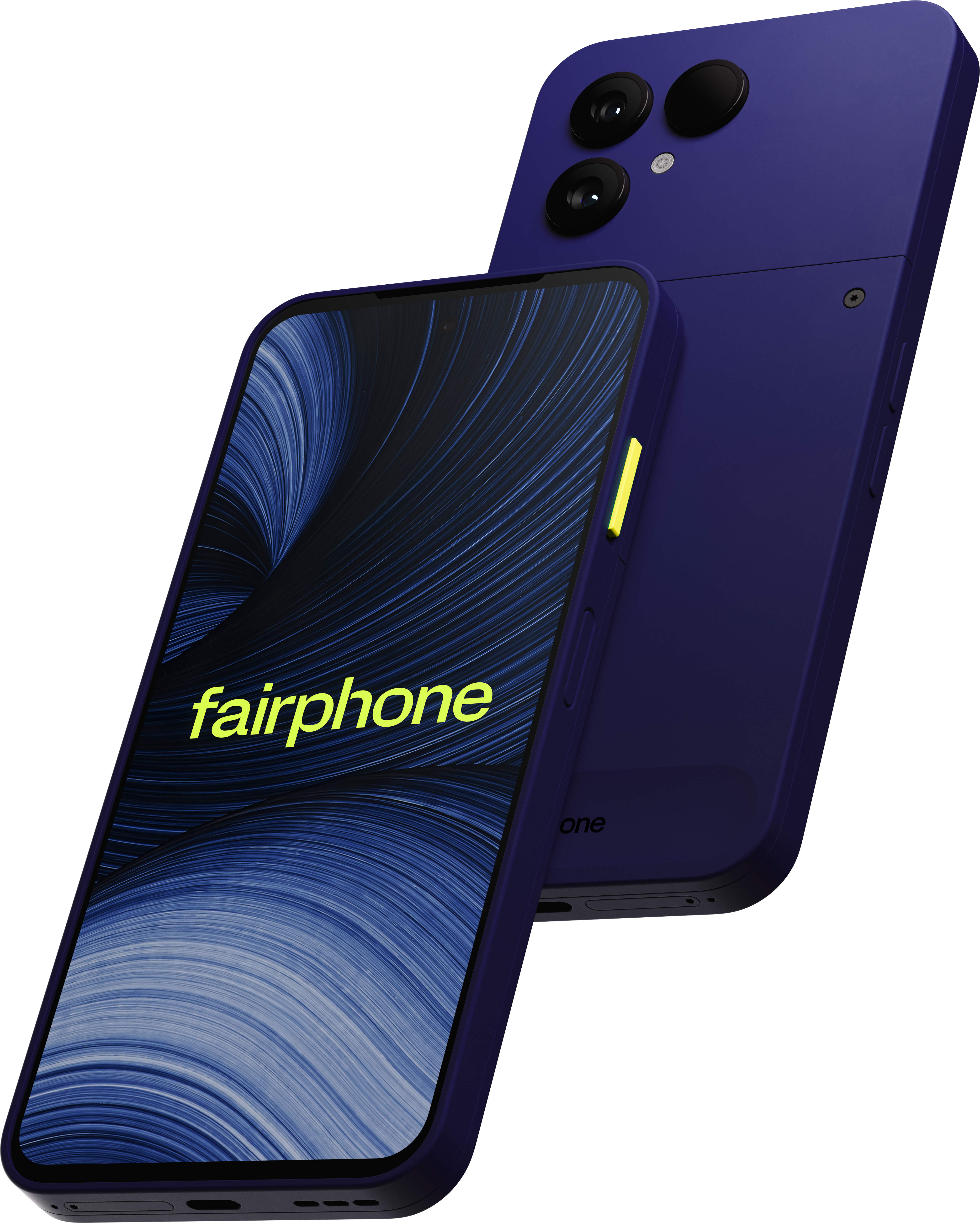Blaues Fairphone mit markantem Bildschirm und gelbem Power-Button.