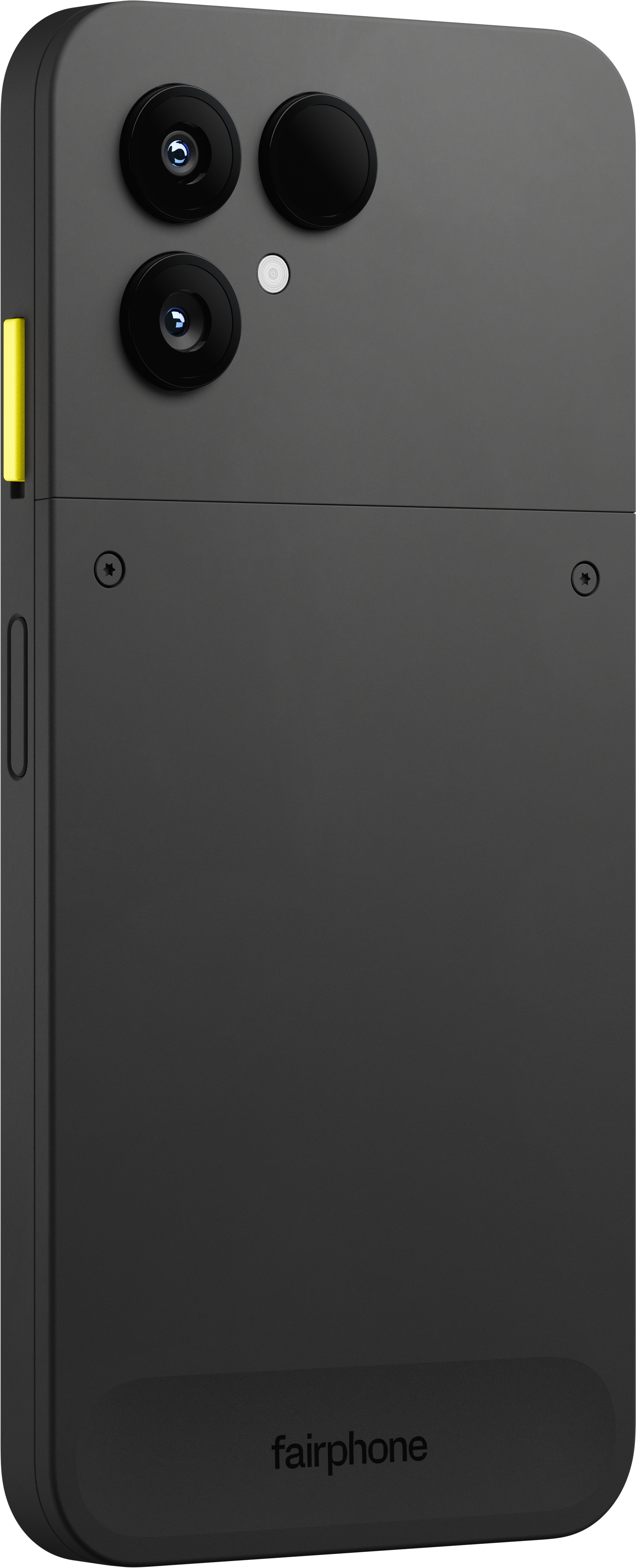 Rückseite eines schwarzen Fairphone mit drei Kameraobjektiven, gelbem Power-Button und sichtbaren Schrauben.