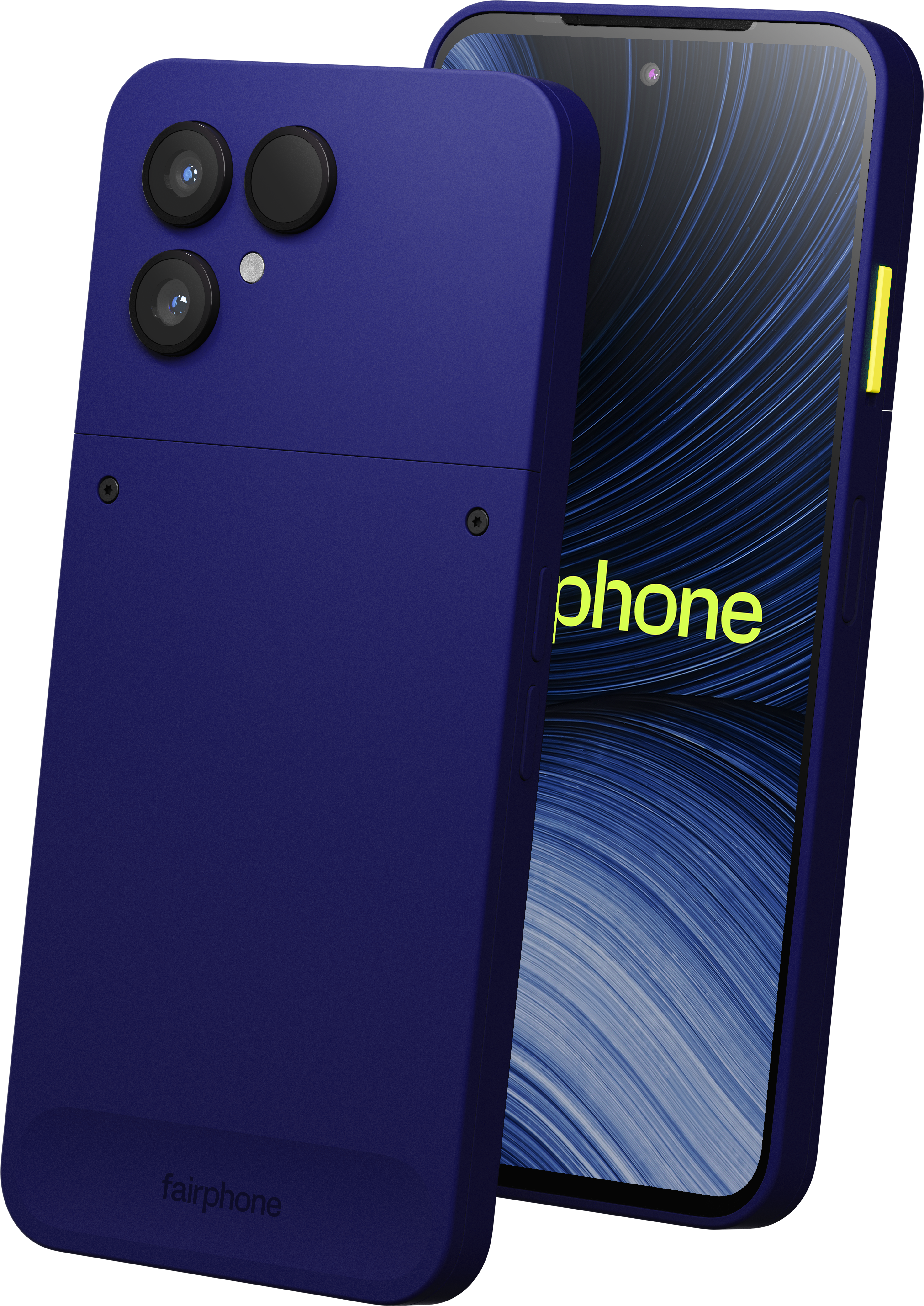 Blaues Smartphone von vorne und hinten, mit drei Rückkameras, gelben Tasten und dem Fairphone-Logo.