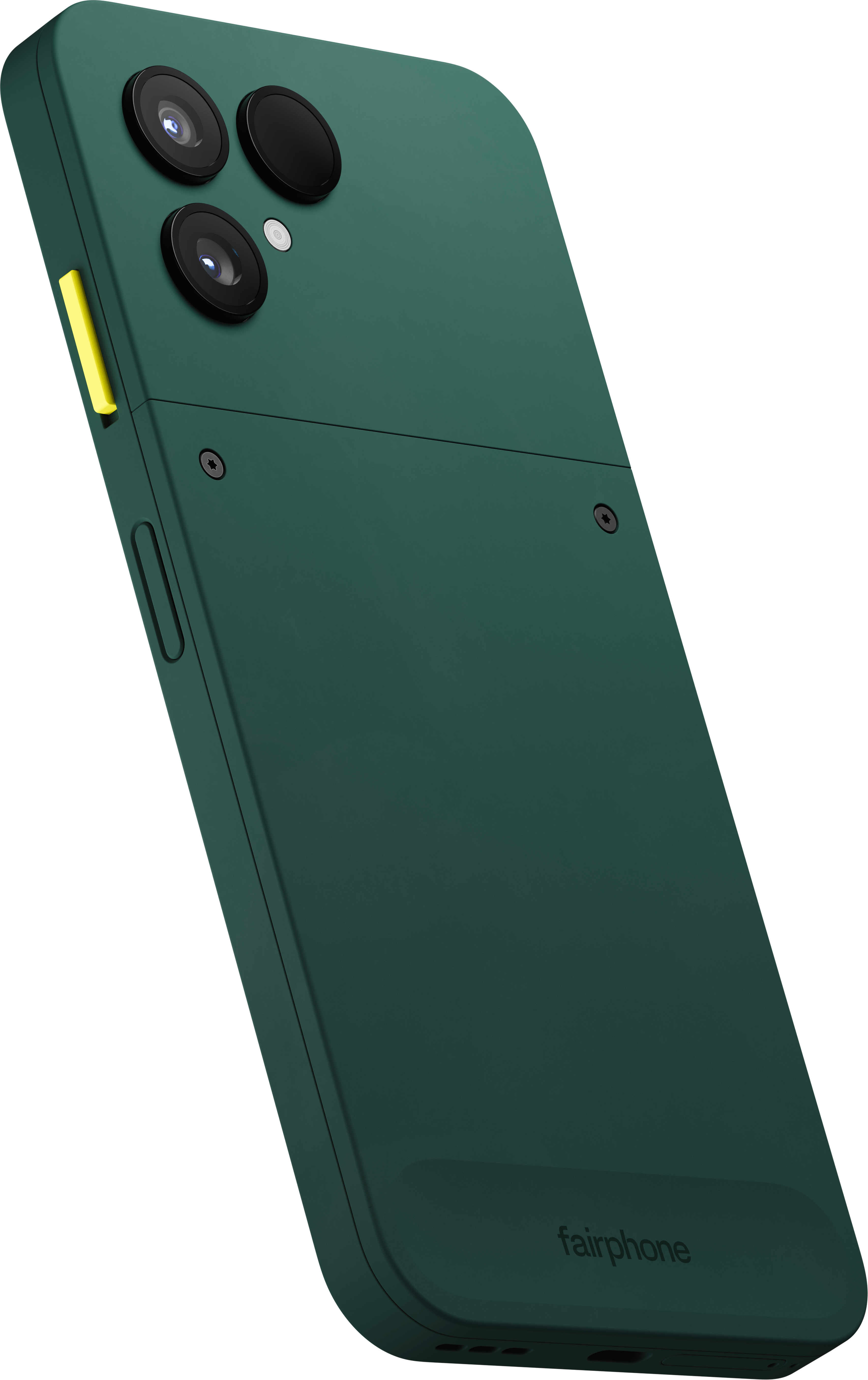 Ein dunkelgrünes Fairphone-Smartphone von hinten, mit Kameras, gelbem Power-Knopf und sichtbaren Schrauben.