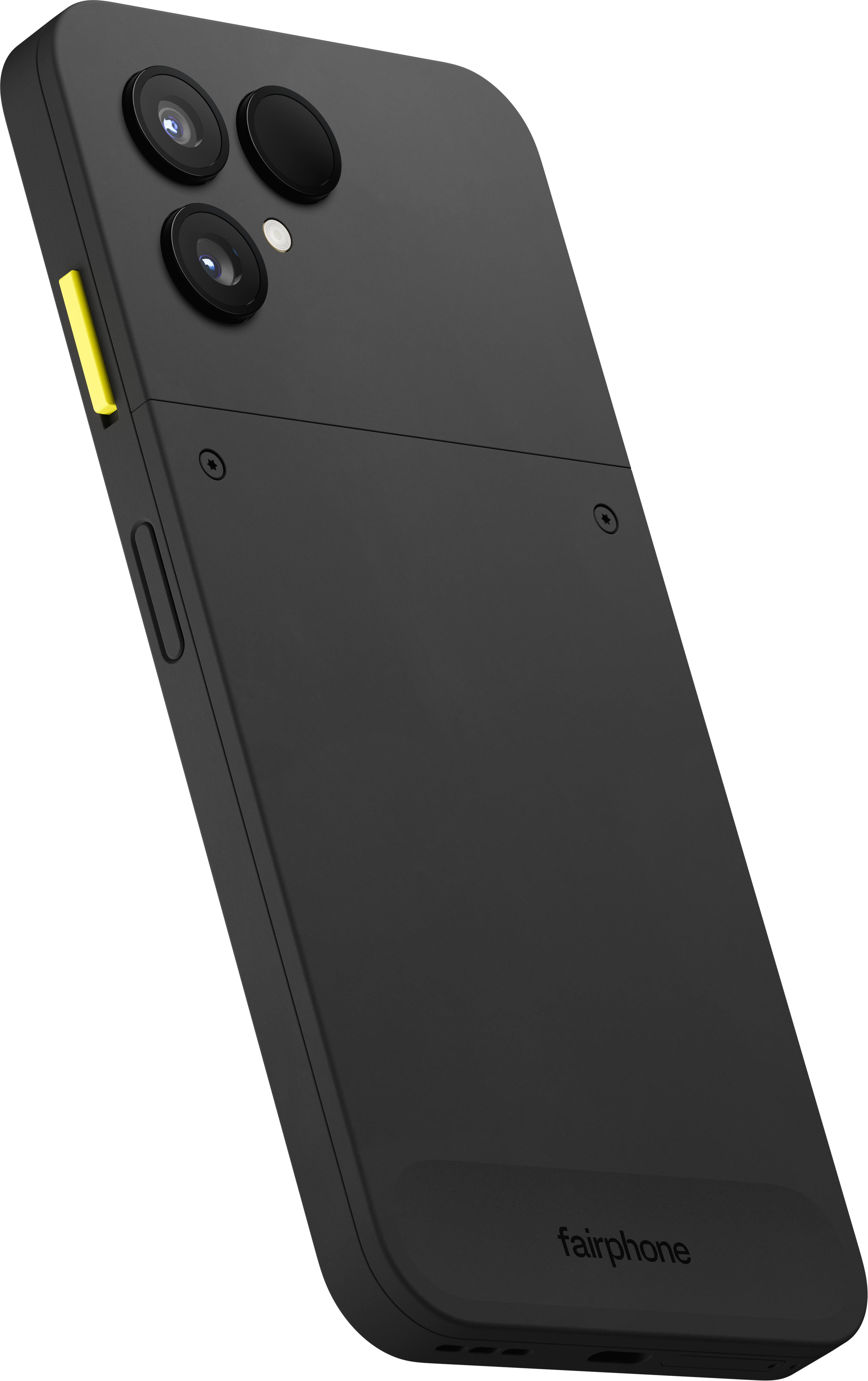 Rückseite eines schwarzen Fairphone 5 mit drei Kameramotiven, gelbem Power-Button und sichtbaren Schrauben.