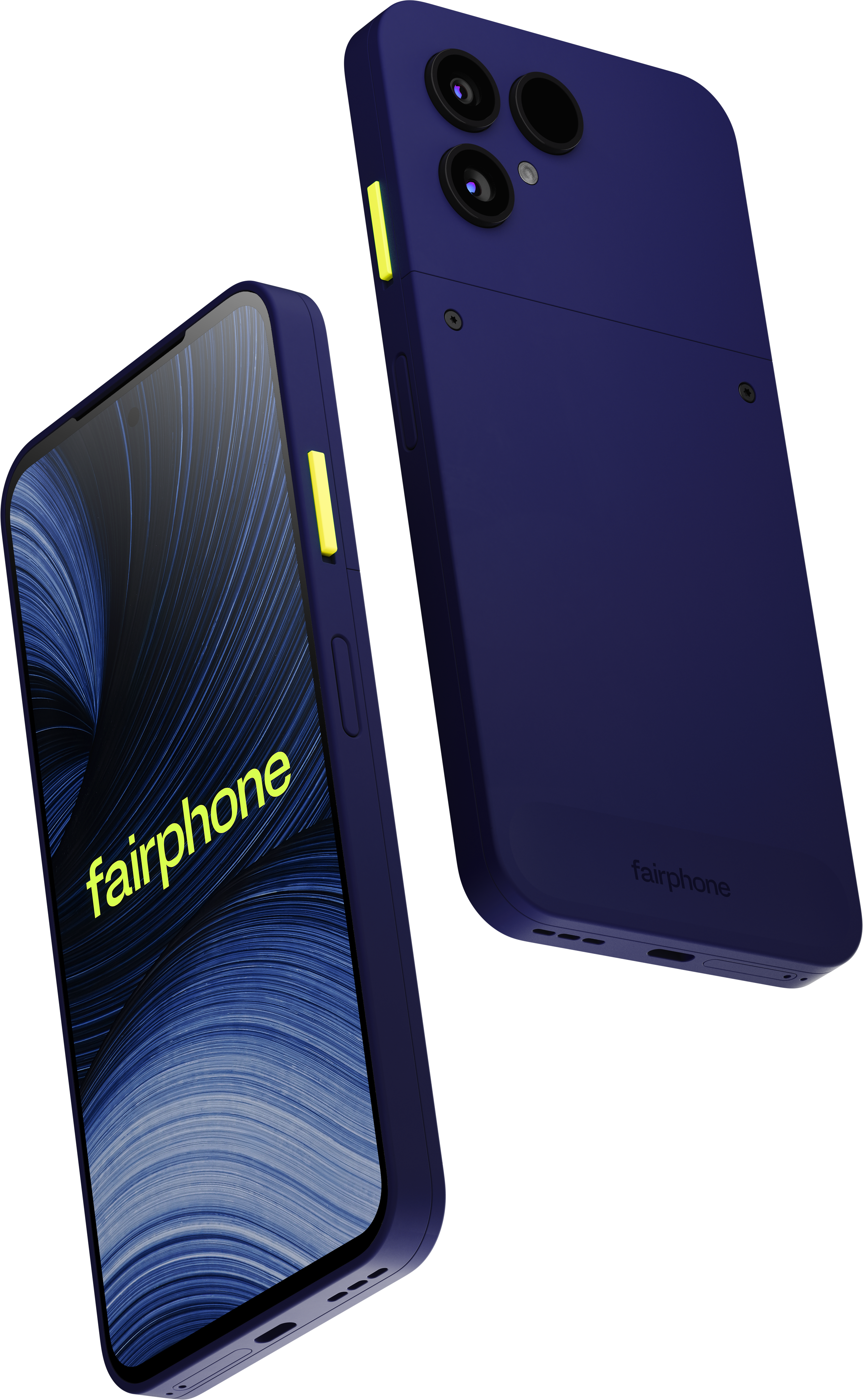 Zwei blaue Fairphones mit gelben Tasten; eines zeigt die Vorderseite, das andere die Rückseite mit Kameras.