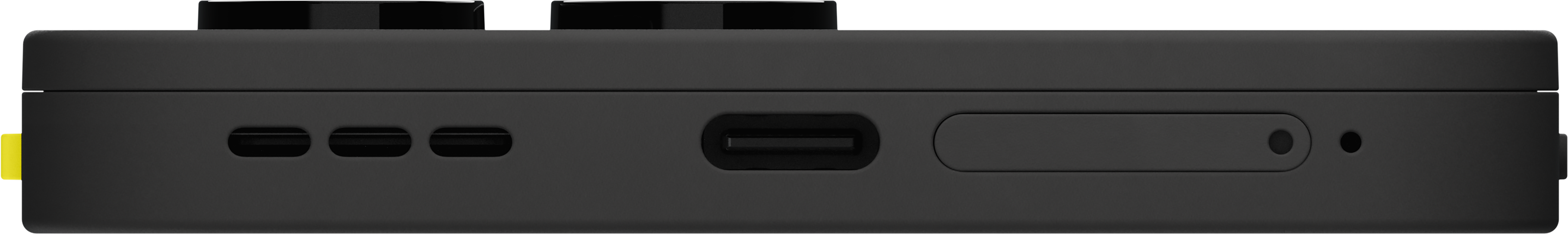 Unterkante eines schwarzen Geräts mit Lautsprecher, USB-C-Anschluss, SIM-Schacht und Mikrofon.