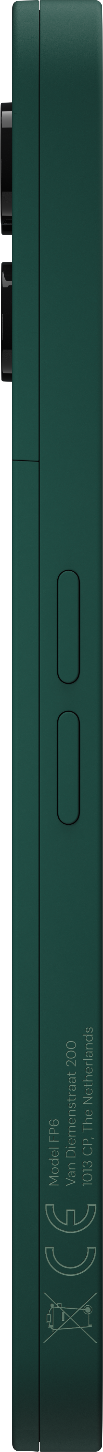 Dunkelgrüne Smartphone-Seite mit zwei Tasten, Kameramodul oben und aufgedruckten Informationen unten.