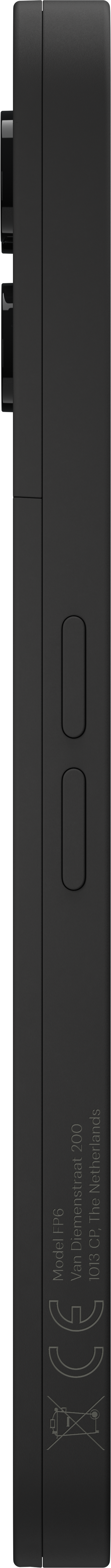 Seitenansicht eines schwarzen Smartphones mit Tasten und gedruckten Informationen.