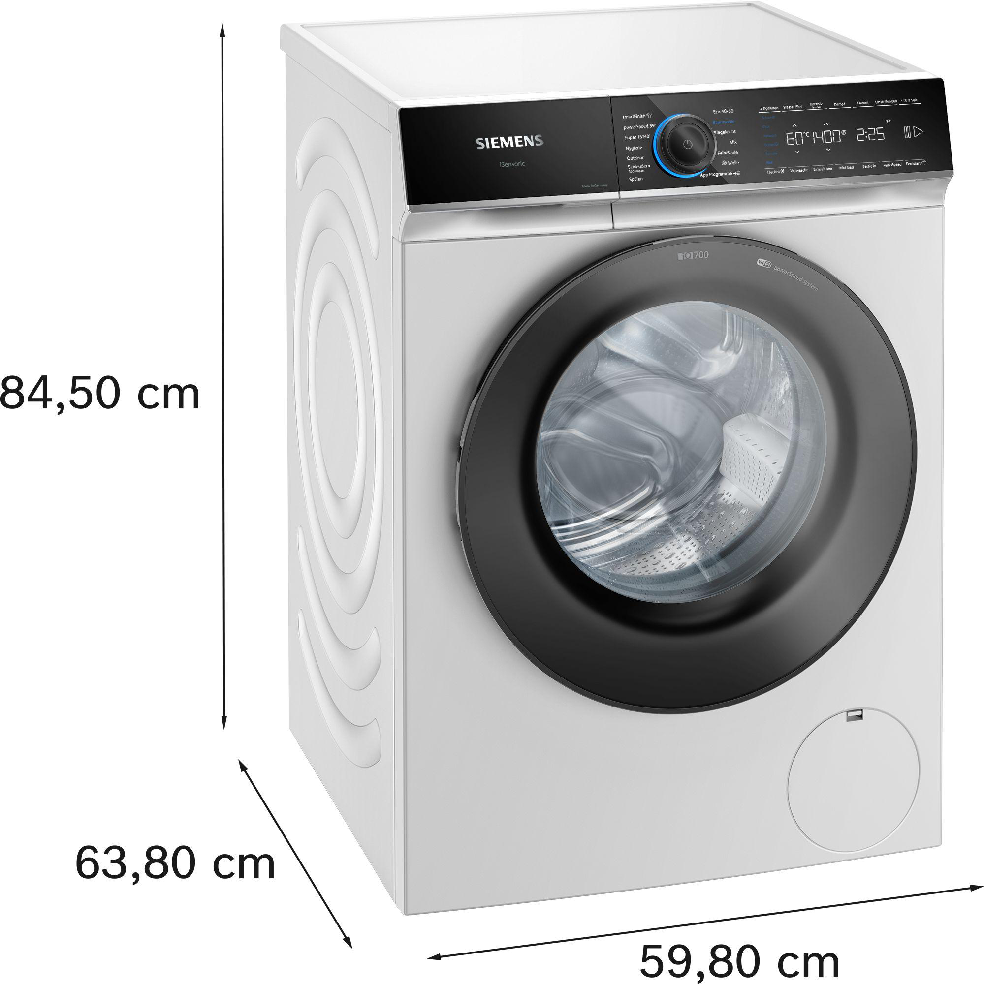 Weisse Siemens Waschmaschine mit digitalem Display, schwarzer Tür und Bemaßungen von Höhe, Breite und Tiefe.