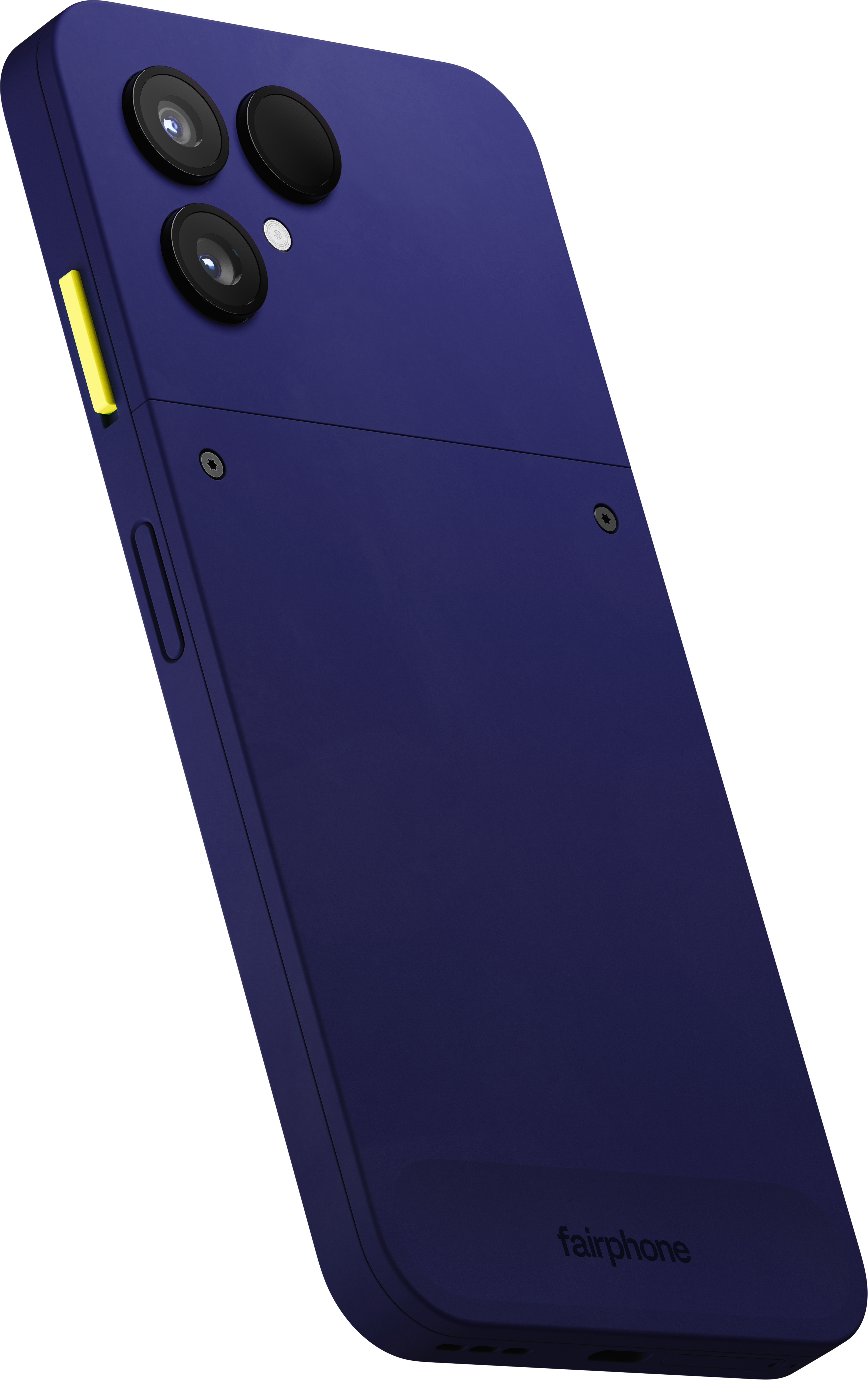 Ein blaues Fairphone-Smartphone von hinten, mit Kameras, Schrauben und einem gelben Ein-Aus-Knopf.