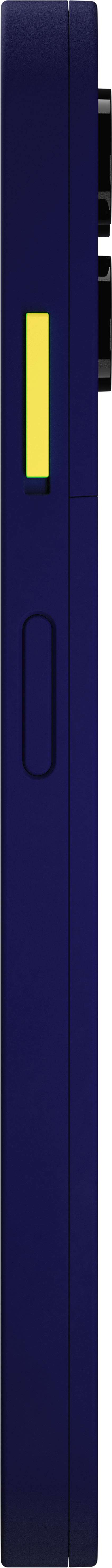 Blaue elektronische Gerätehülle mit einem länglichen gelben Lichtbalken und Knöpfen an der Seite.