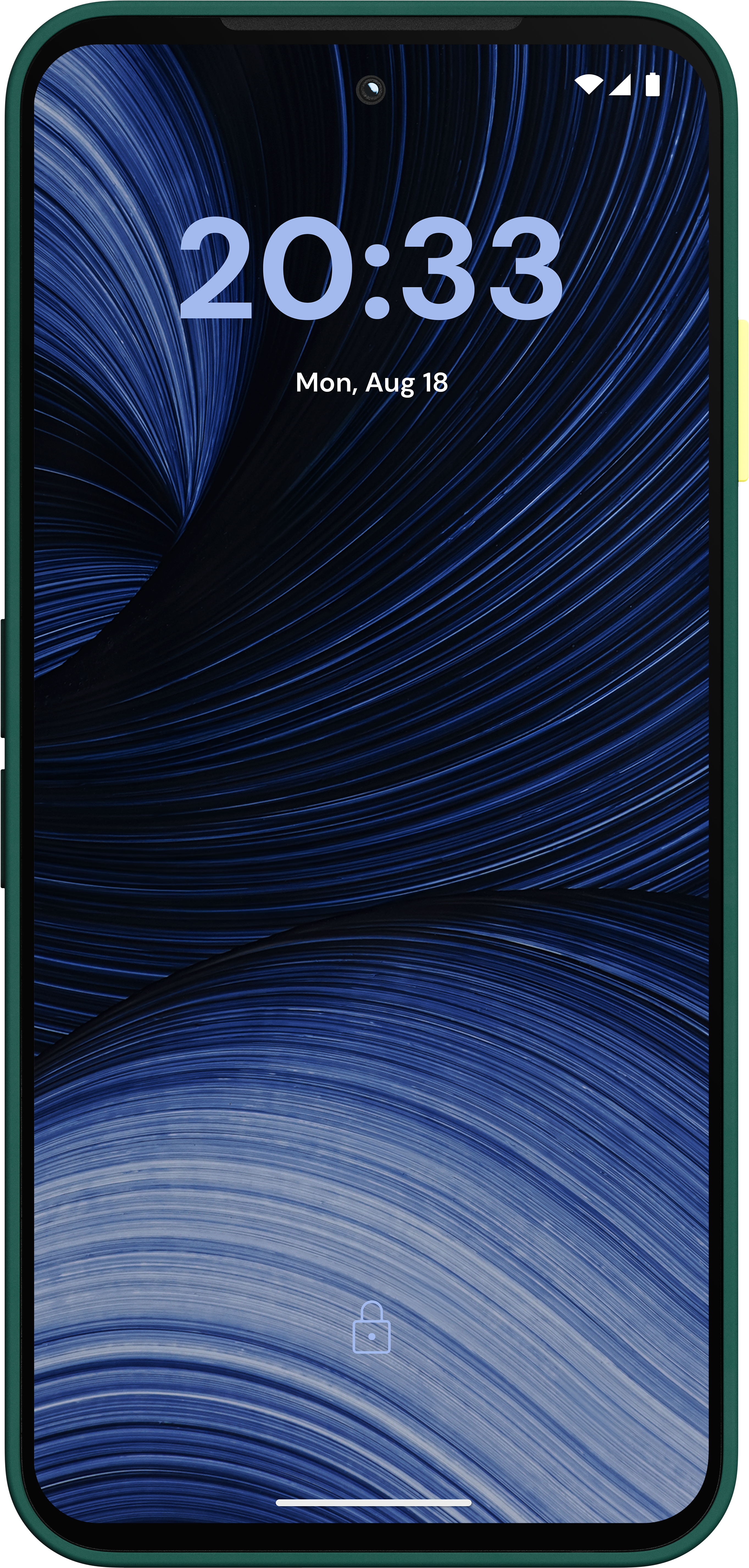 Ein Smartphone mit dunkelgrüner Hülle zeigt ein blaues abstraktes Hintergrundbild mit der Uhrzeit 20:33.