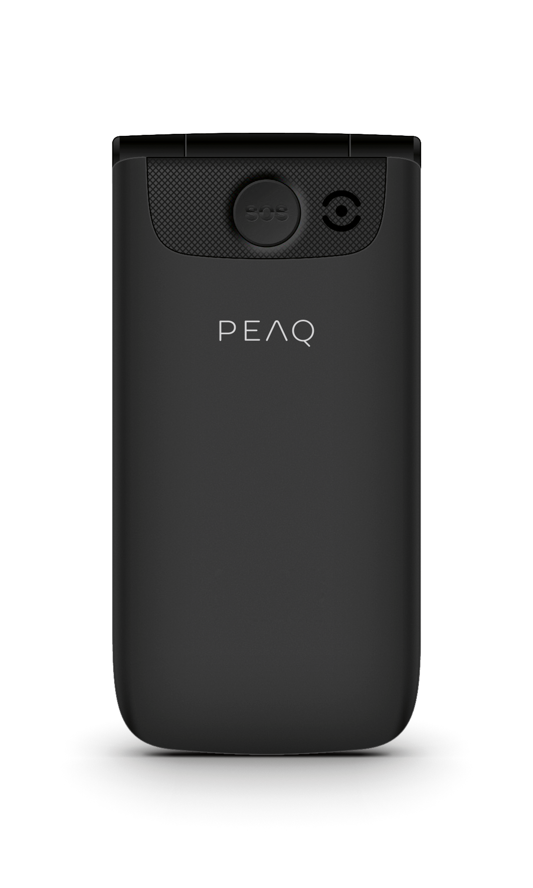 Schwarzes Klapphandy mit PEAQ-Logo und SOS-Knopf.