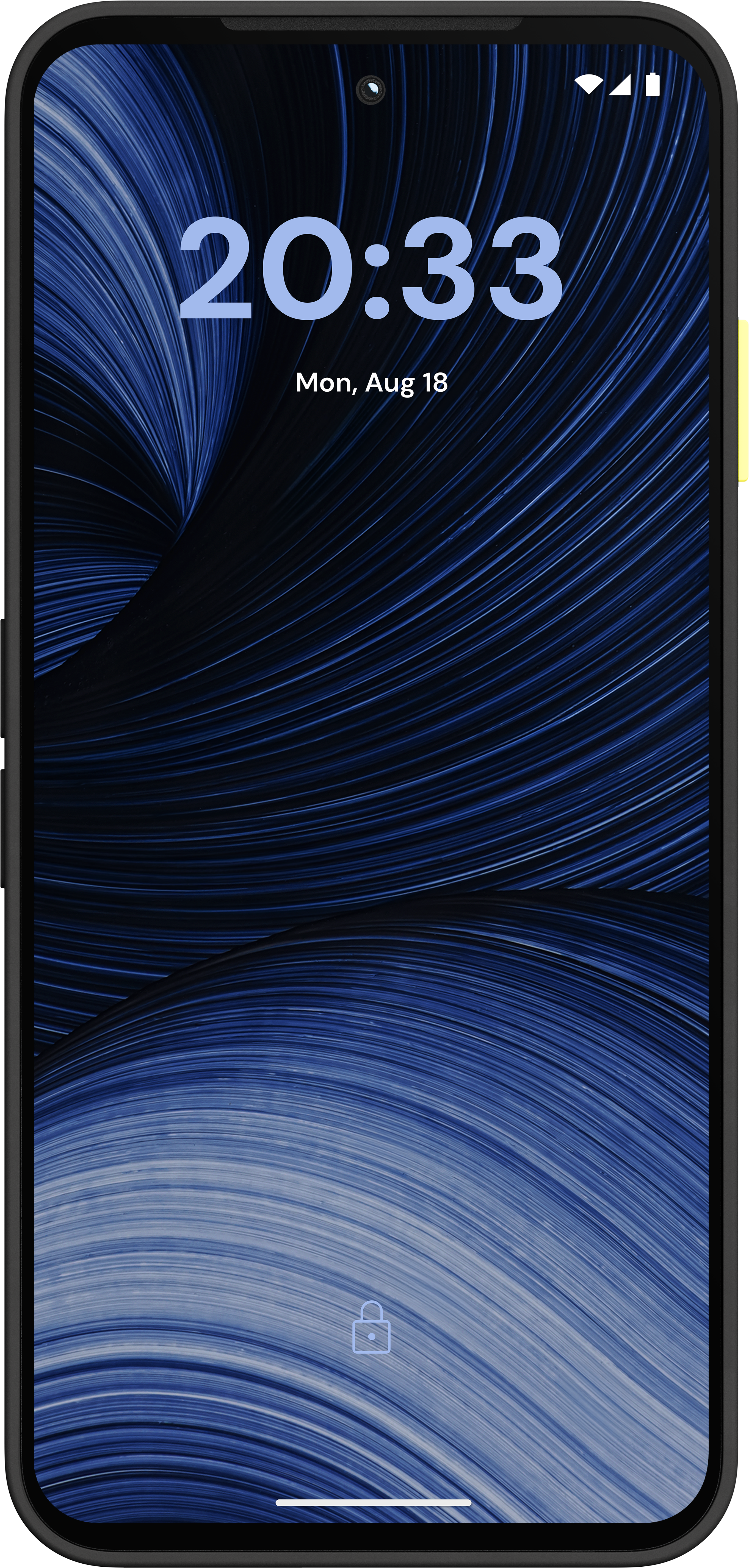 Smartphone mit blauem Linienmuster-Hintergrundbild, Uhrzeit 20:33 und Datum Montag, 18. August.
