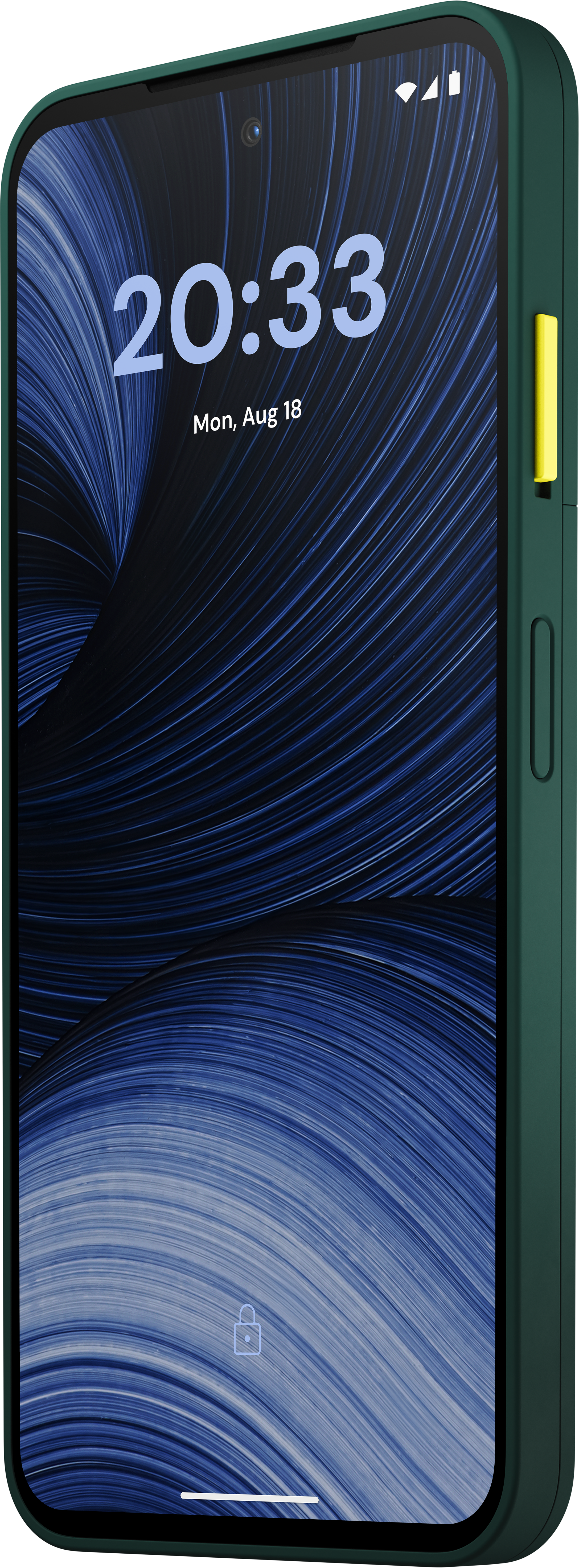 Ein dunkelgrünes Smartphone mit blauem abstraktem Hintergrundbild zeigt die Uhrzeit 20:33.
