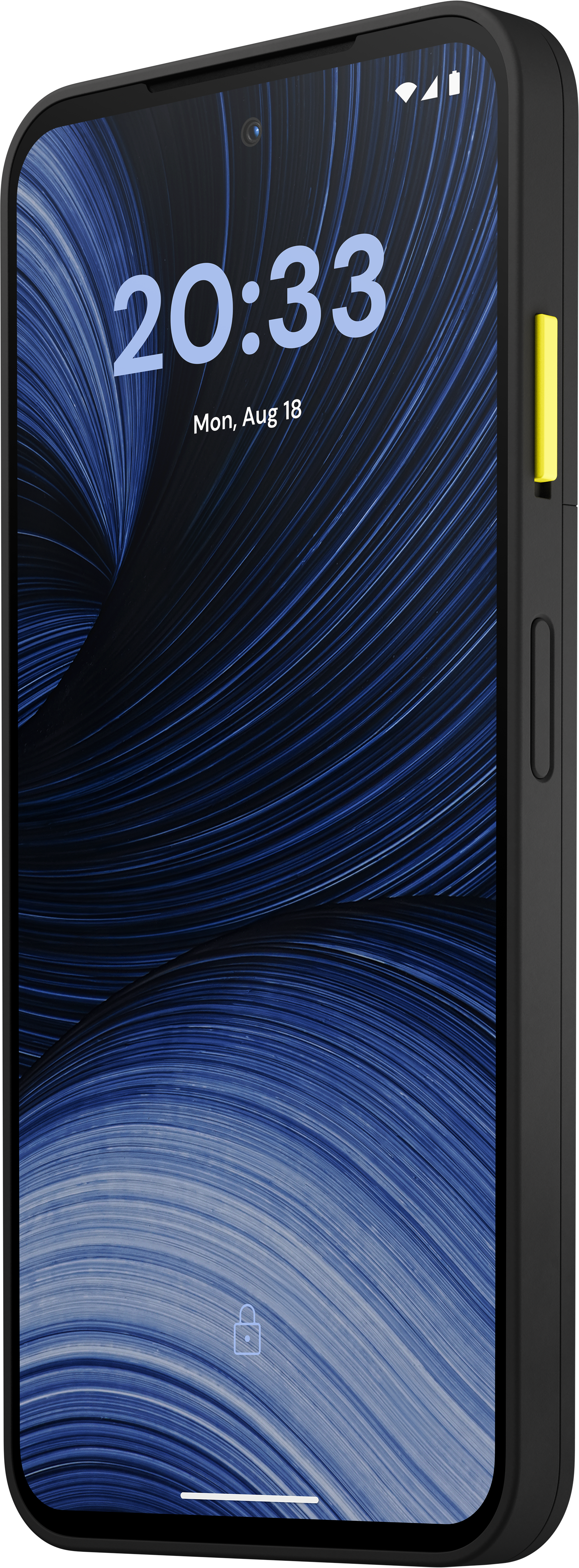 Ein schwarzes Smartphone mit blauem abstrakten Hintergrund, das die Uhrzeit 20:33 und das Datum Mo., 18. Aug. anzeigt.