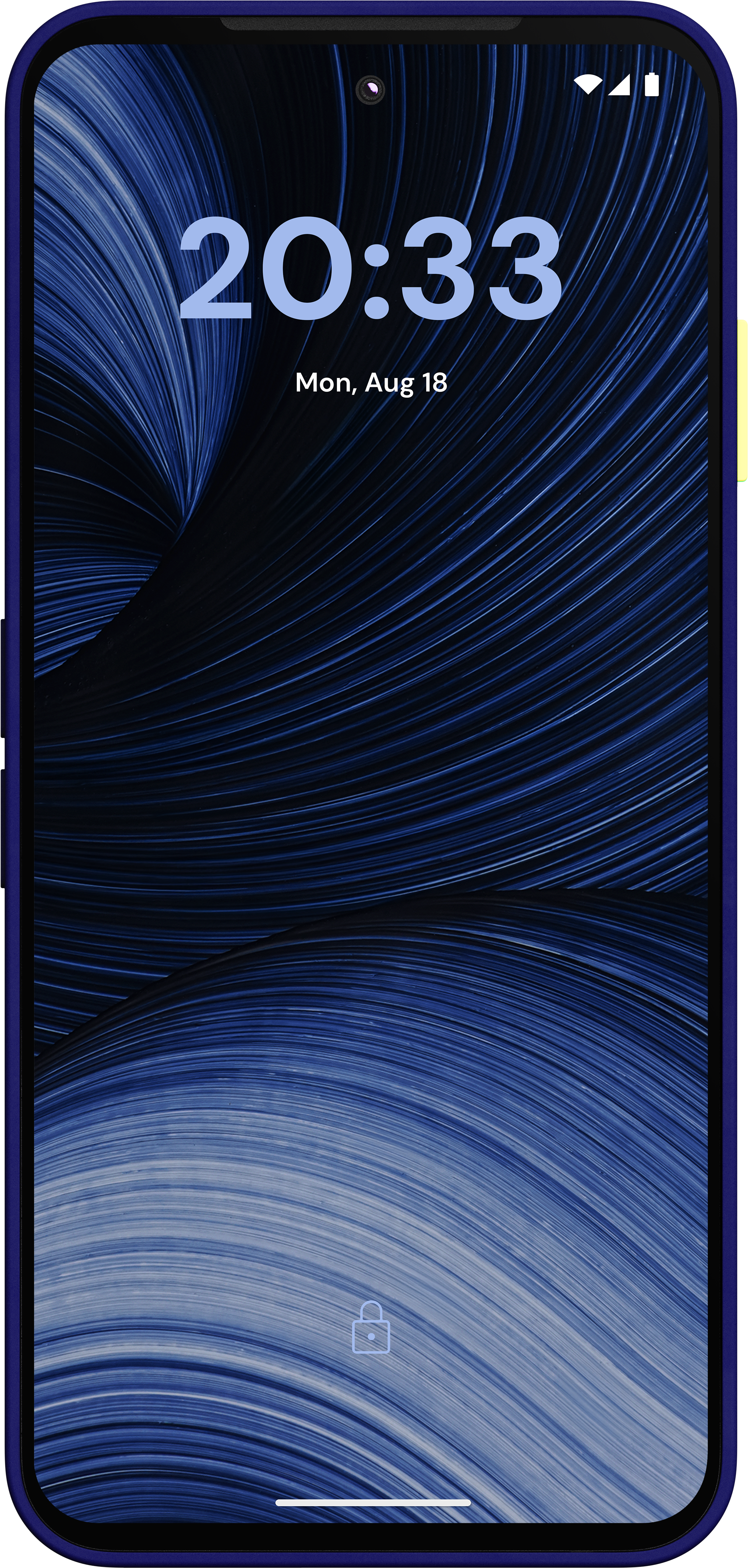Ein Smartphone mit blauem Hintergrundbild zeigt das Datum Montag, 18. August und die Uhrzeit 20:33.