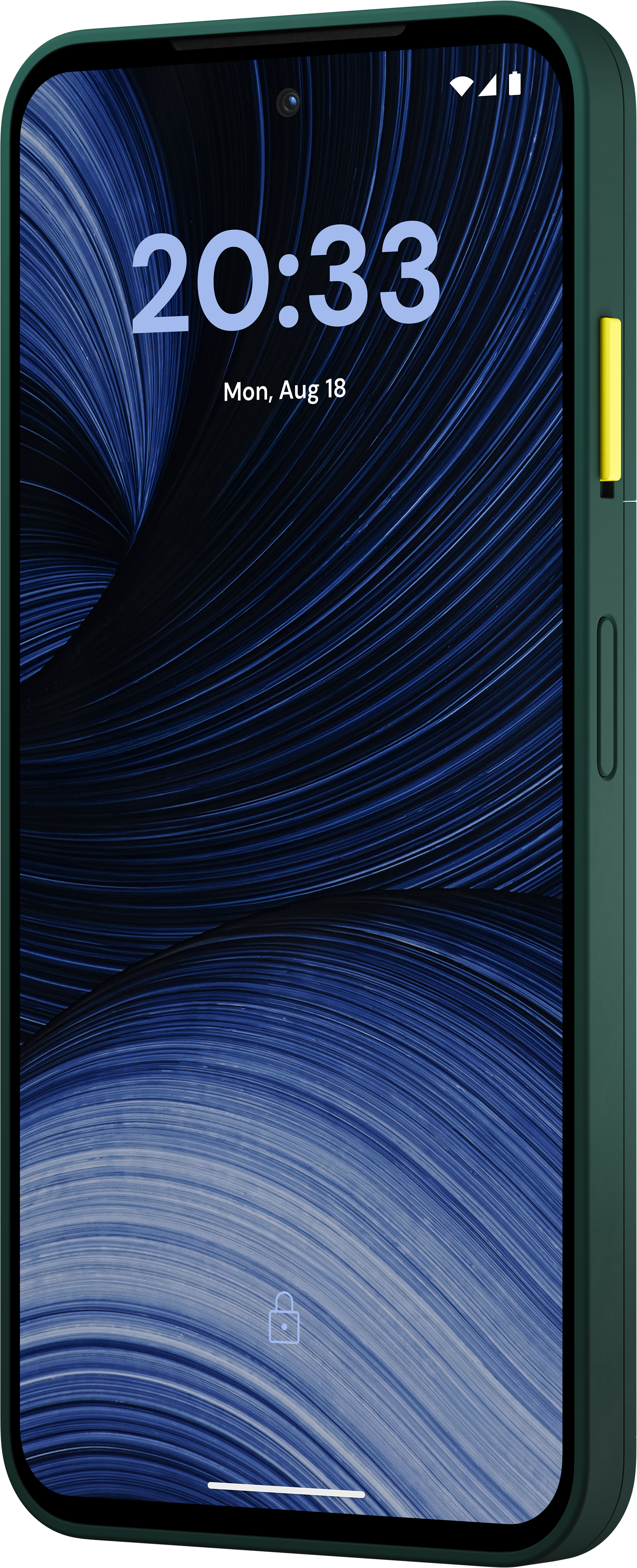 Ein grünes Smartphone mit dunkelblauem Display und gelbem Power-Button.
