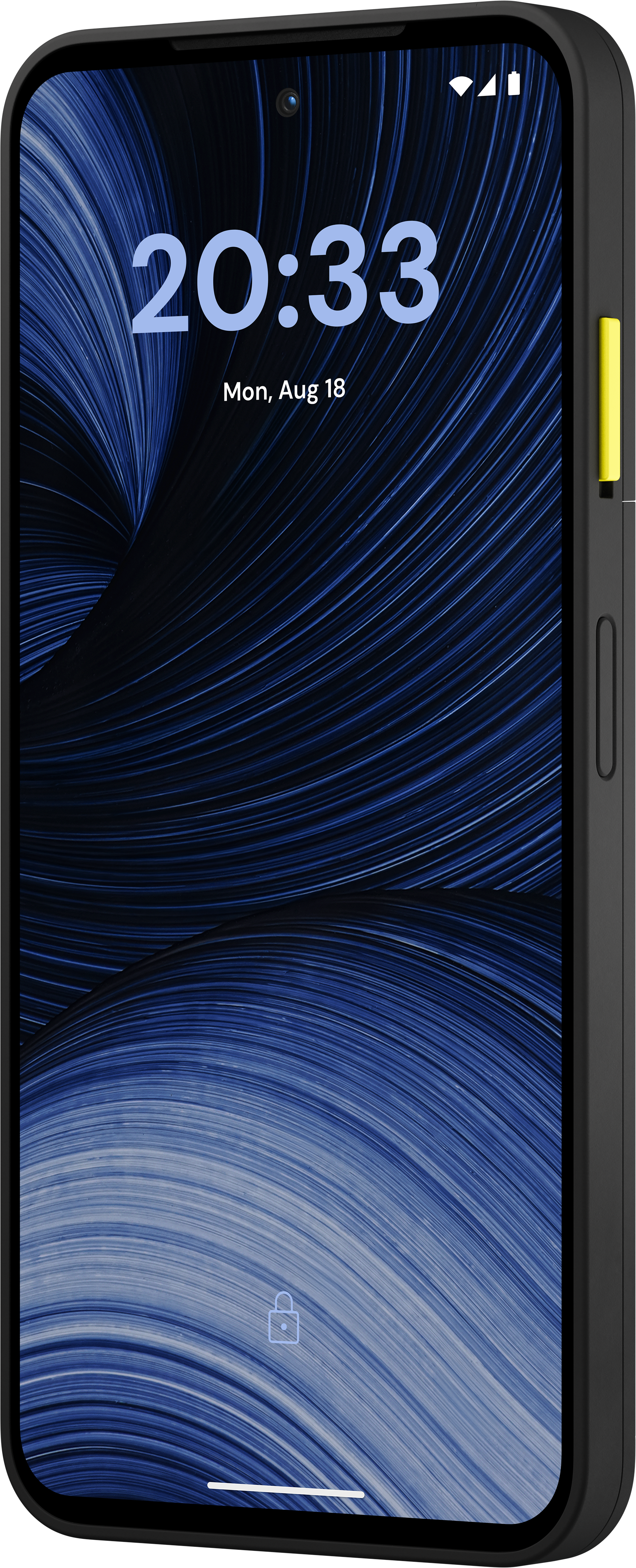 Ein Smartphone mit schwarzem Rahmen und gelbem Einschalttaste zeigt ein blaues Wirbelmuster-Hintergrundbild.