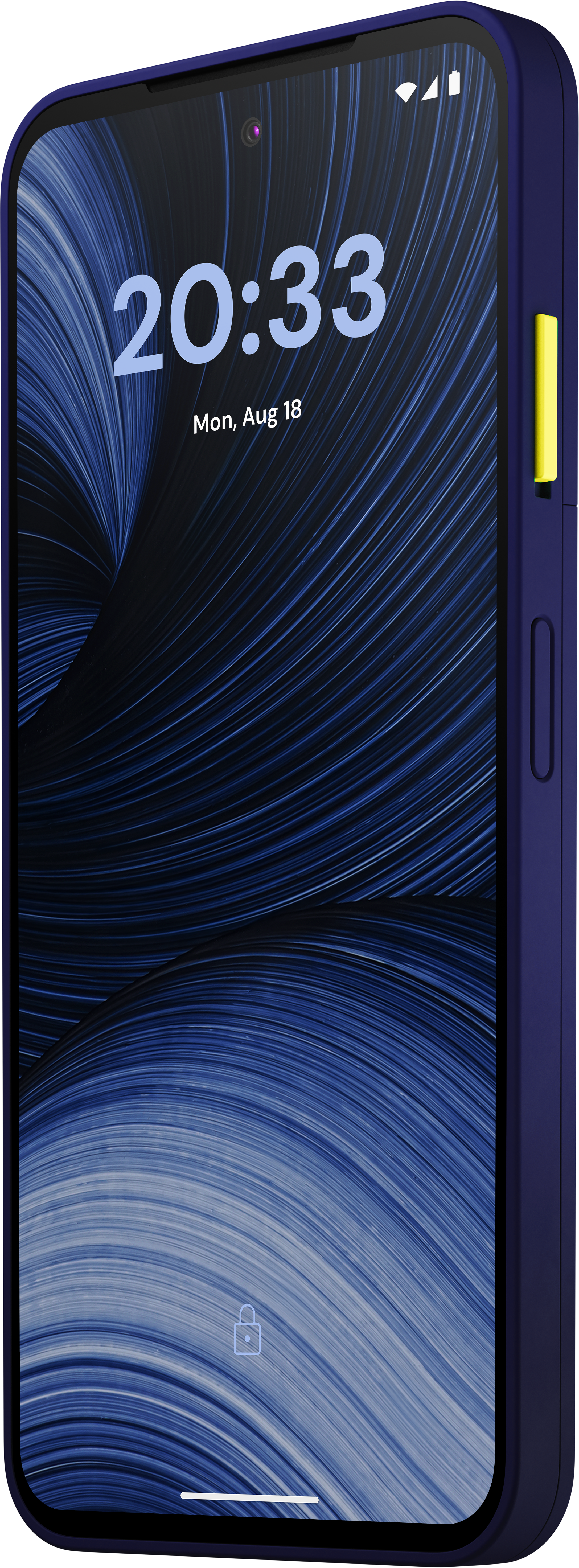Ein Smartphone mit blauer Schutzhülle, blauem abstrakten Hintergrund, Zeitanzeige und gelbem Power-Knopf.