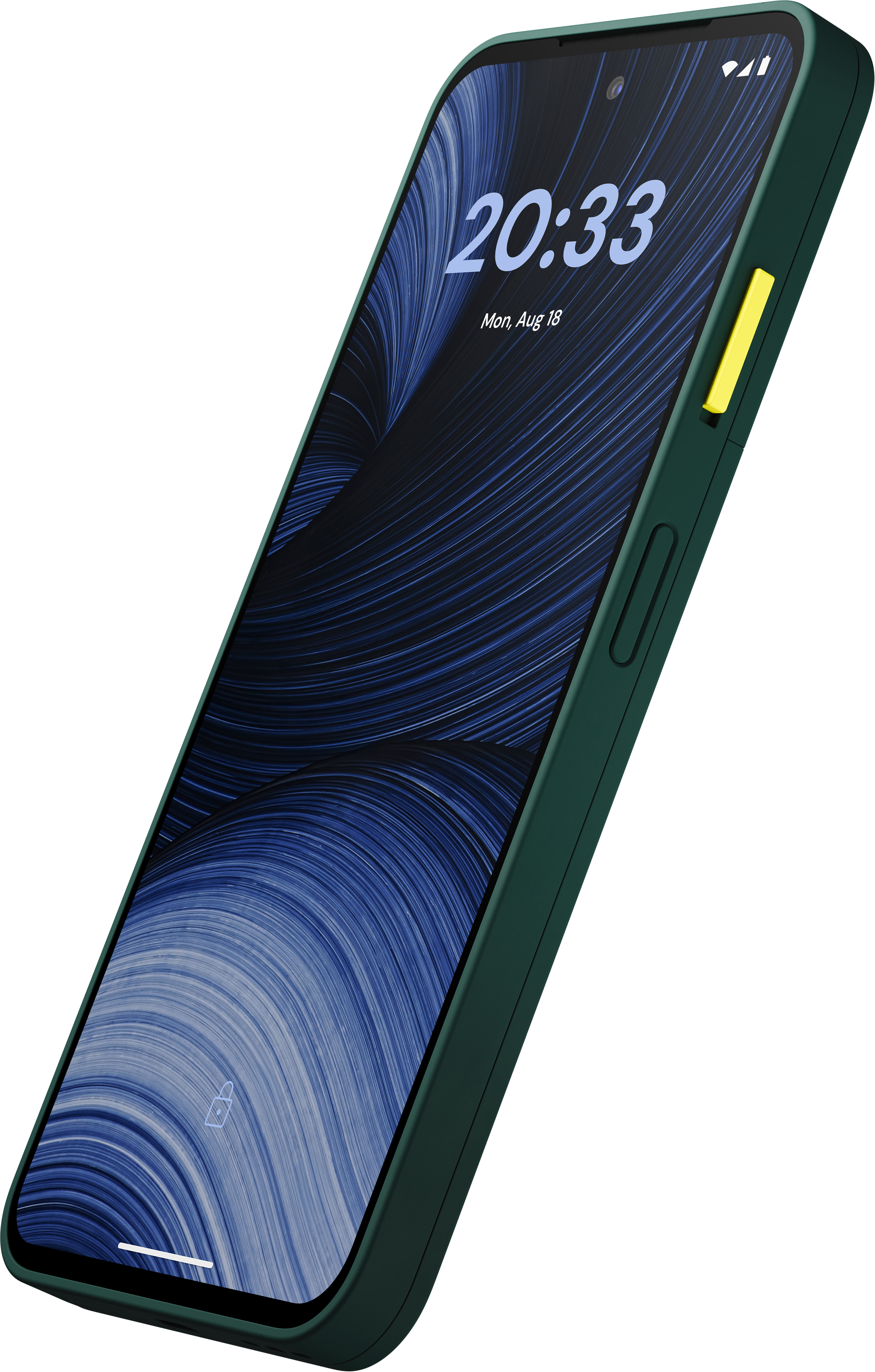 Grünes Smartphone mit blauer Tapete und gelbem Knopf, leicht geneigt.