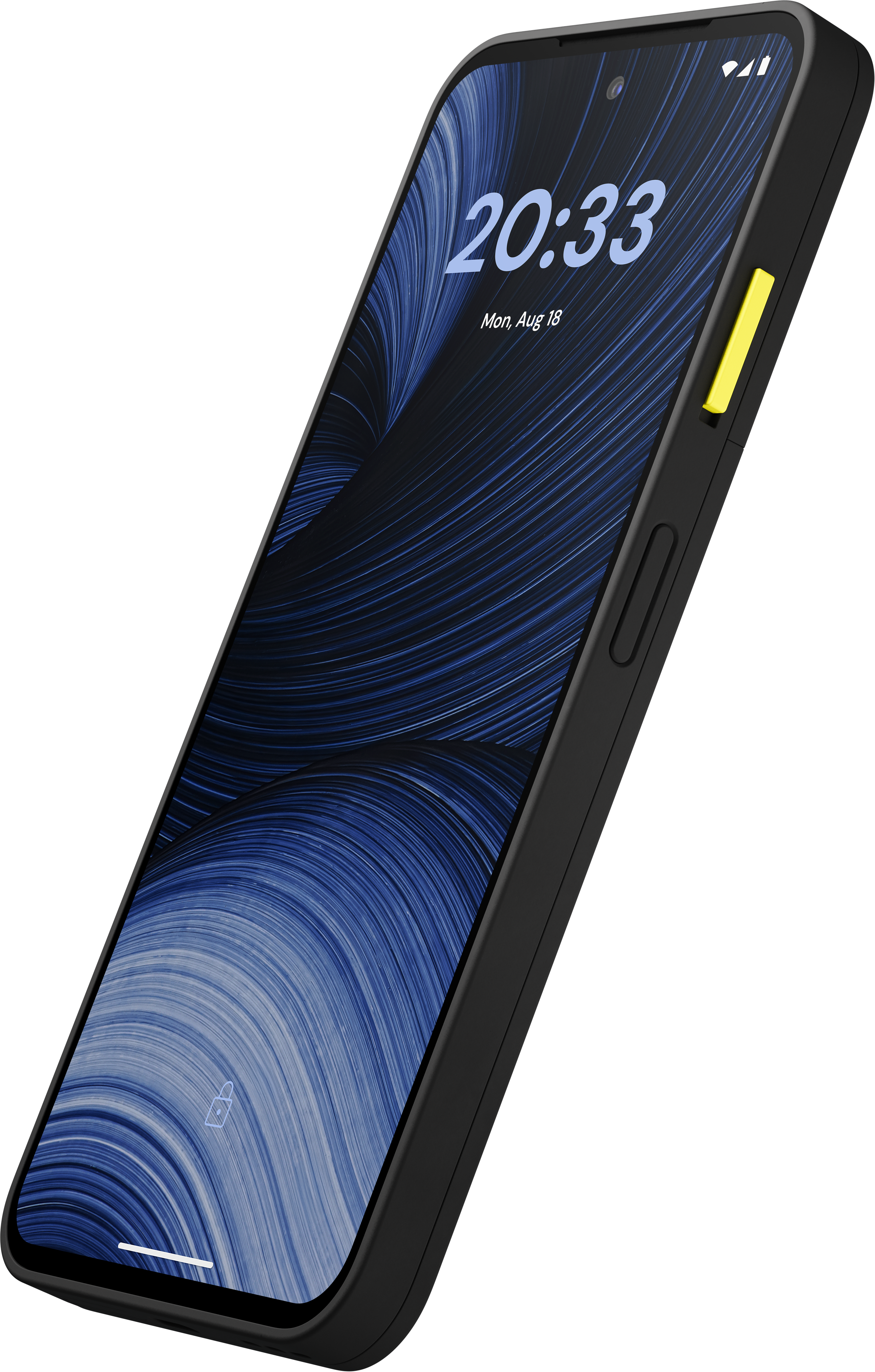 Ein schwarzes Smartphone mit einer blau-gestreiften Bildschirmanzeige und einem gelben Seitenknopf in Nahaufnahme.