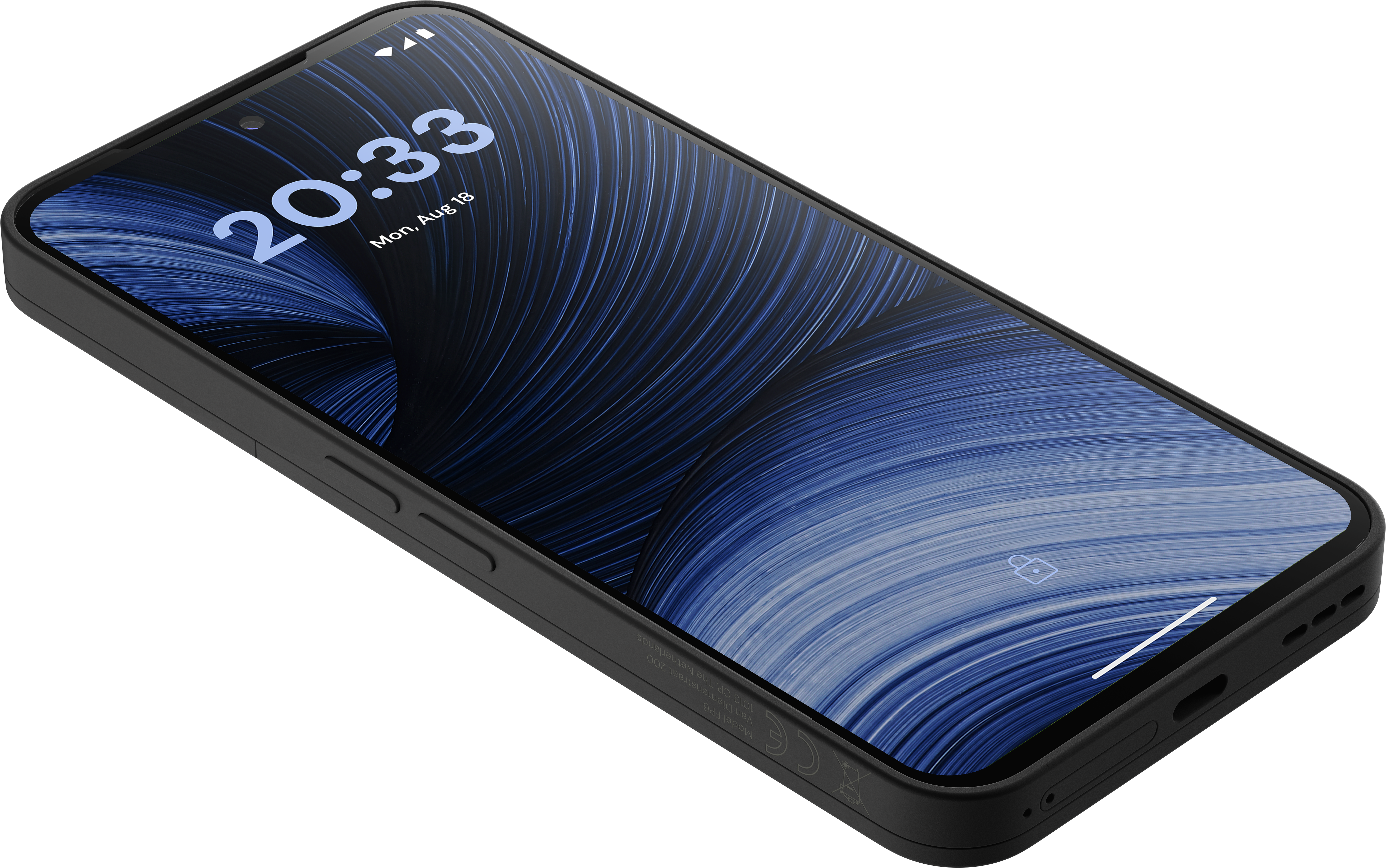 Ein schwarzes Smartphone mit blauem geschwungenem Hintergrundbild auf dem Bildschirm, isoliert auf weißem Hintergrund.