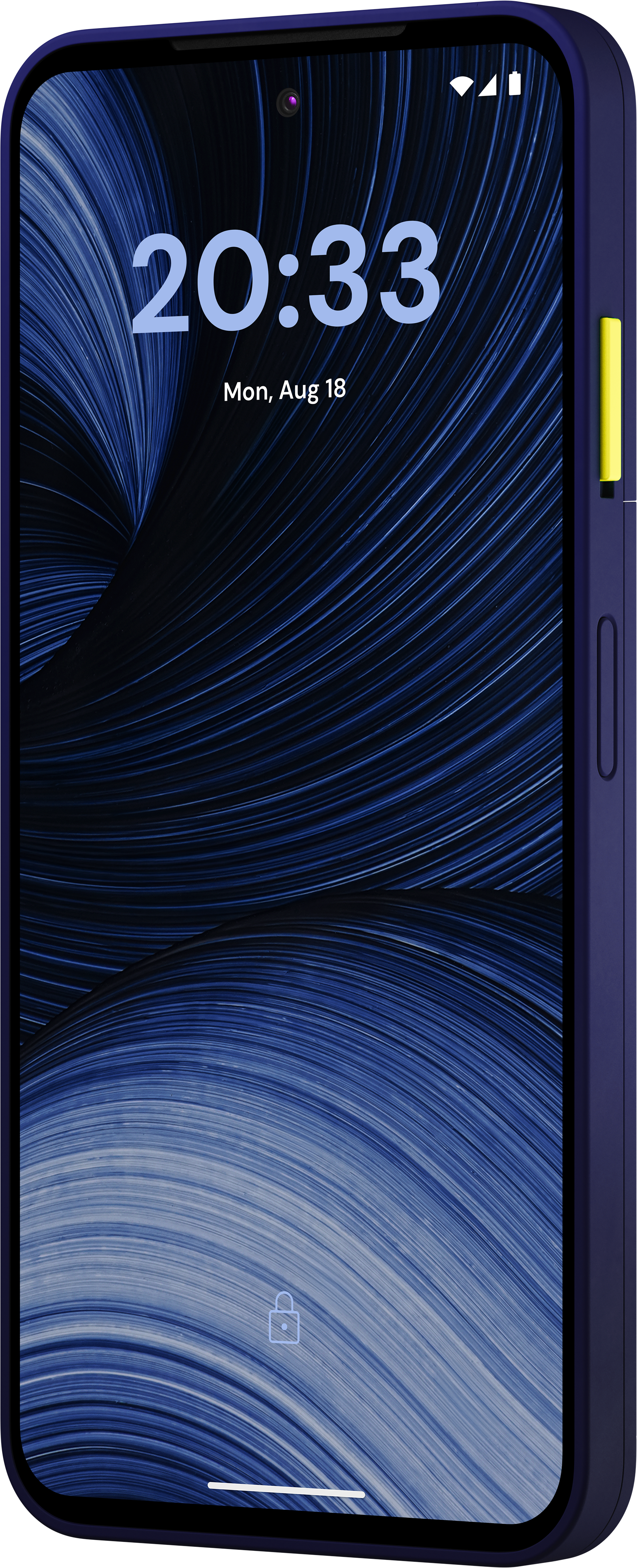 Ein Smartphone mit dunkelblauer Schutzhülle, blauem Wellen-Hintergrundbild, Zeitanzeige und gelbem Power-Button.