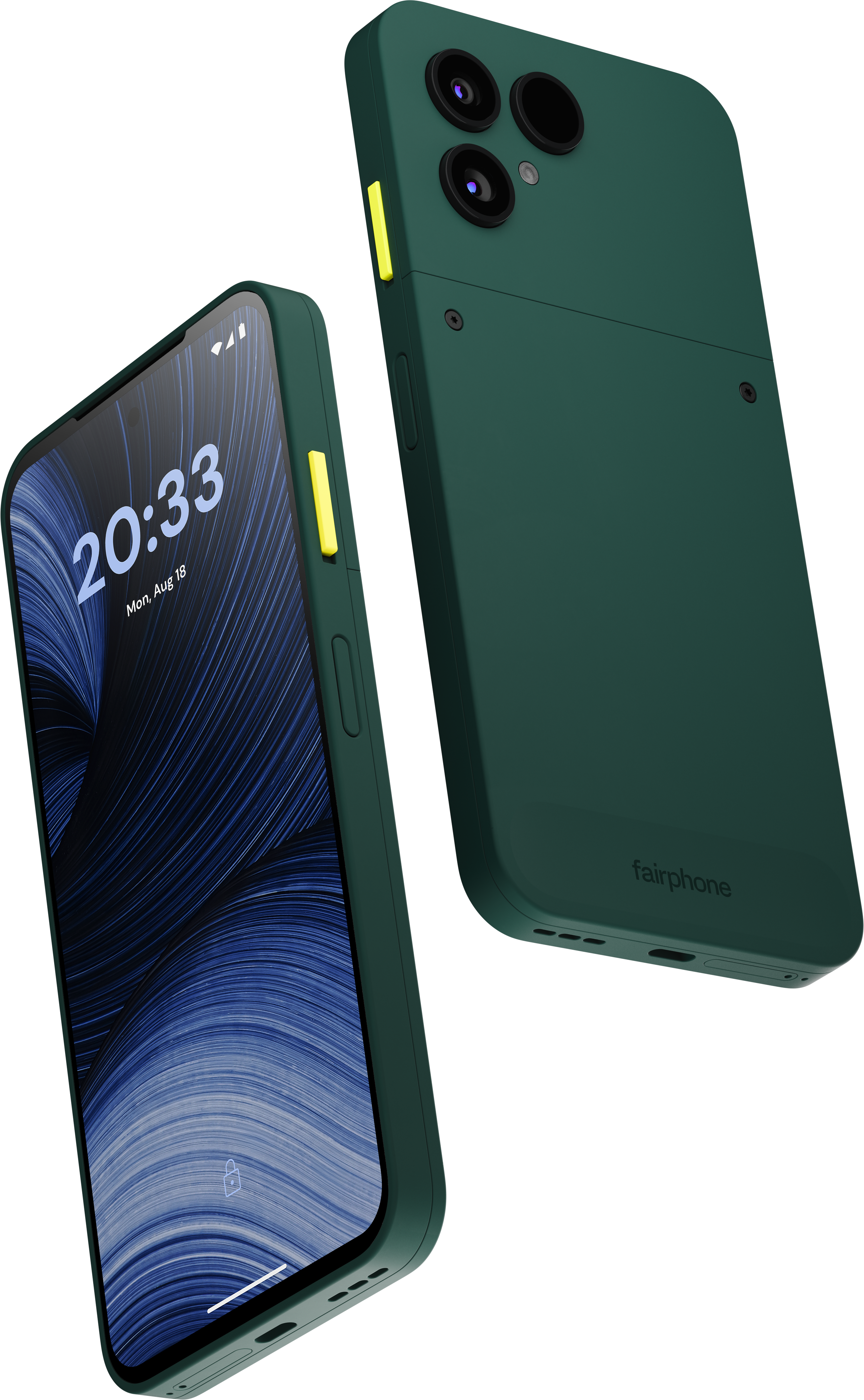Zwei grüne Fairphone-Smartphones: Eines zeigt das blaue Display, das andere die Rückkamera.