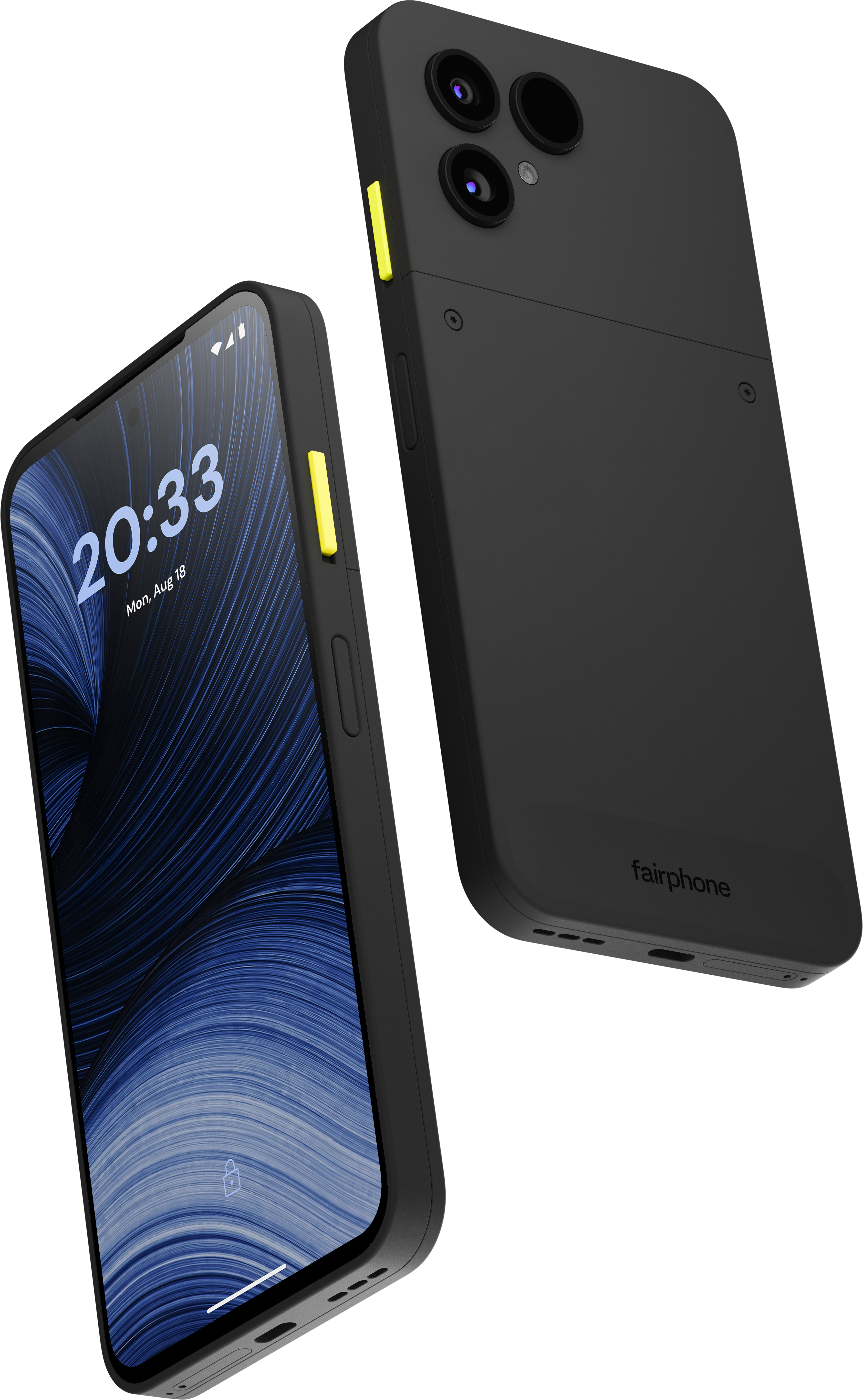 Zwei schwarze Fairphones mit blauem Display und gelben Tasten auf weißem Grund.