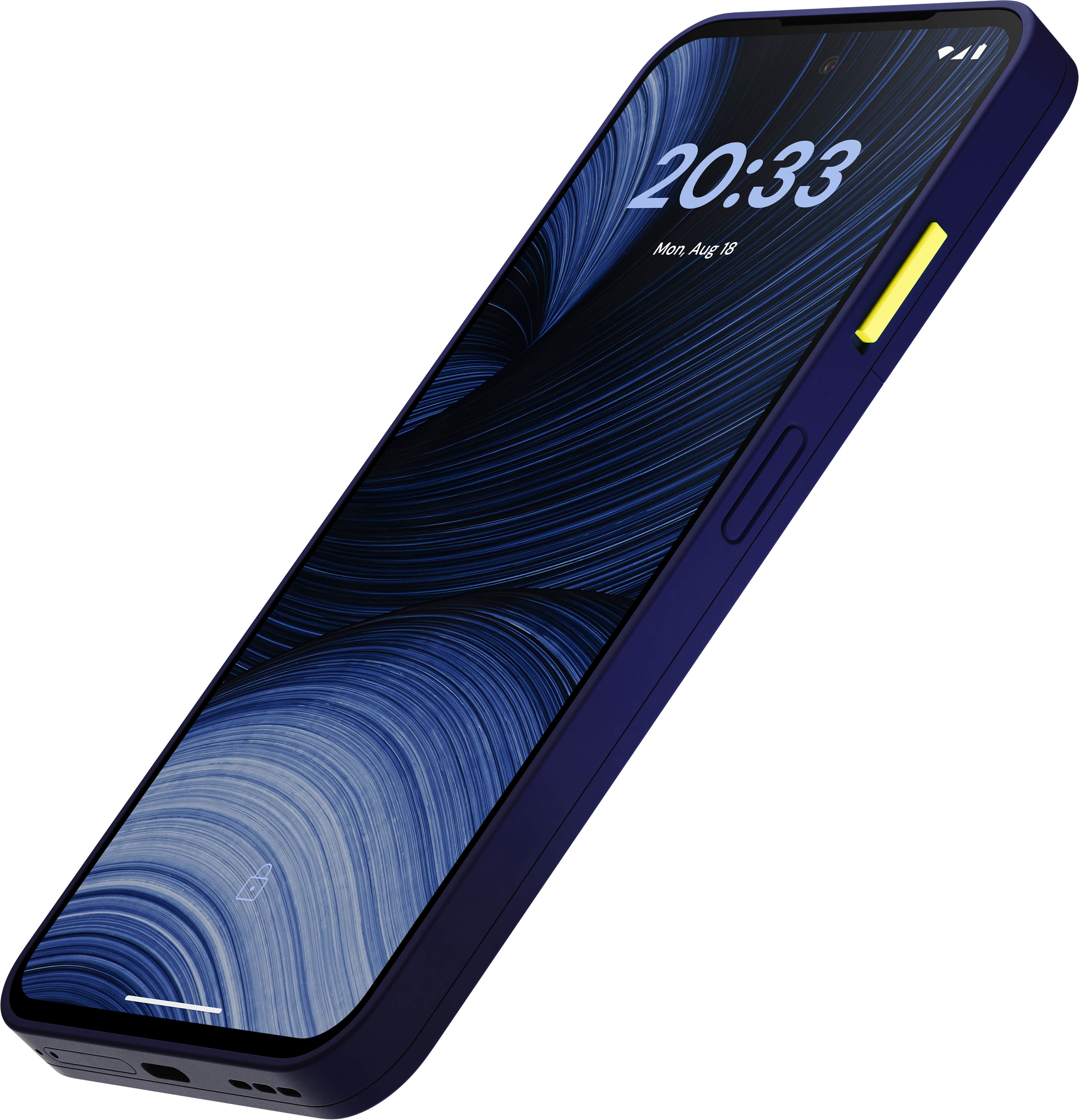 Dunkelblaues Smartphone in Schräglage mit blauem Wellenmuster-Bildschirm und gelbem Akzentknopf.