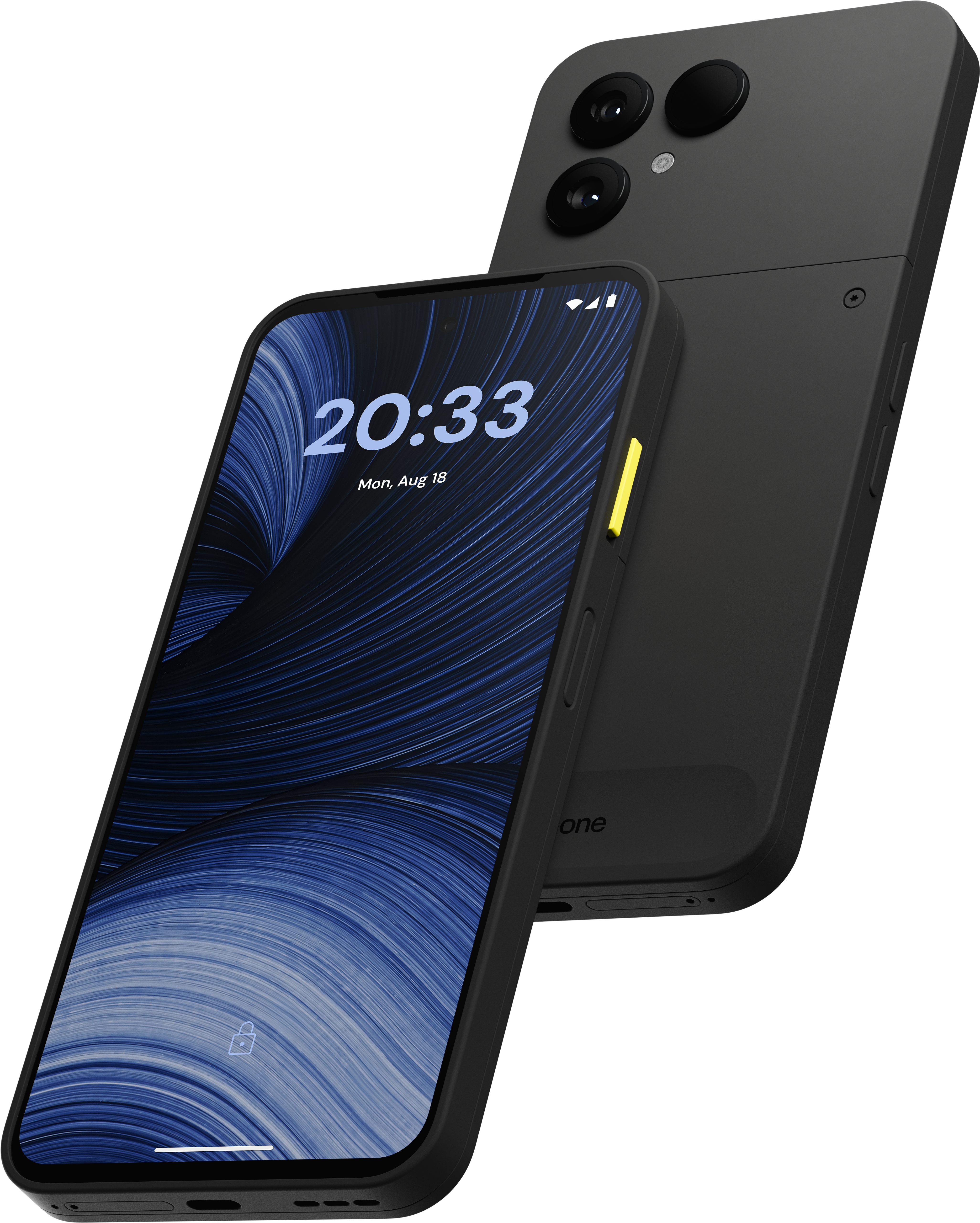 Zwei schwarze Smartphones zeigen Vorder- und Rückseite mit blauem Wellenmuster und Kameralinsen.