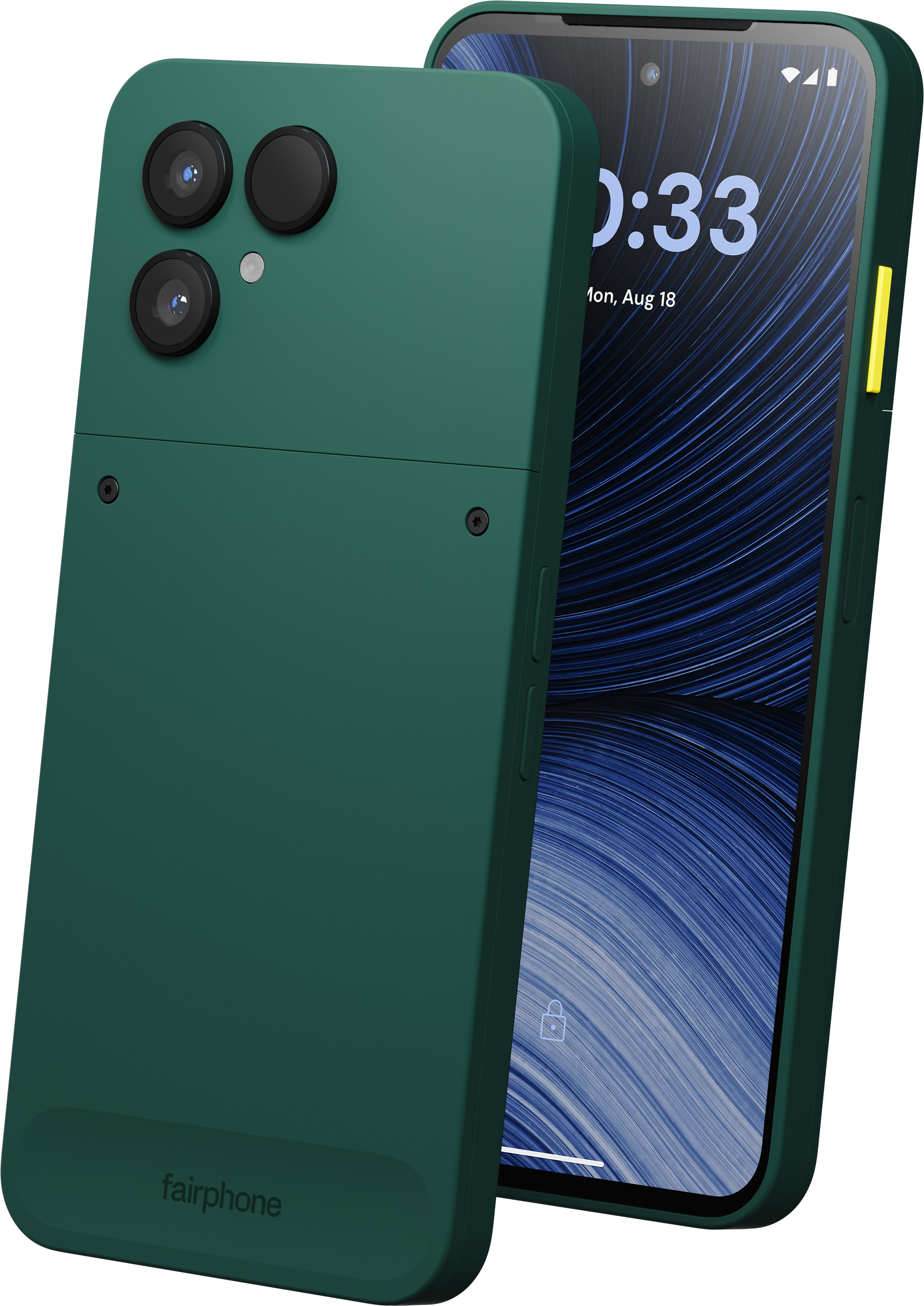 Grünes Fairphone mit dreifacher Kamera hinten und beleuchtetem Bildschirm vorne.