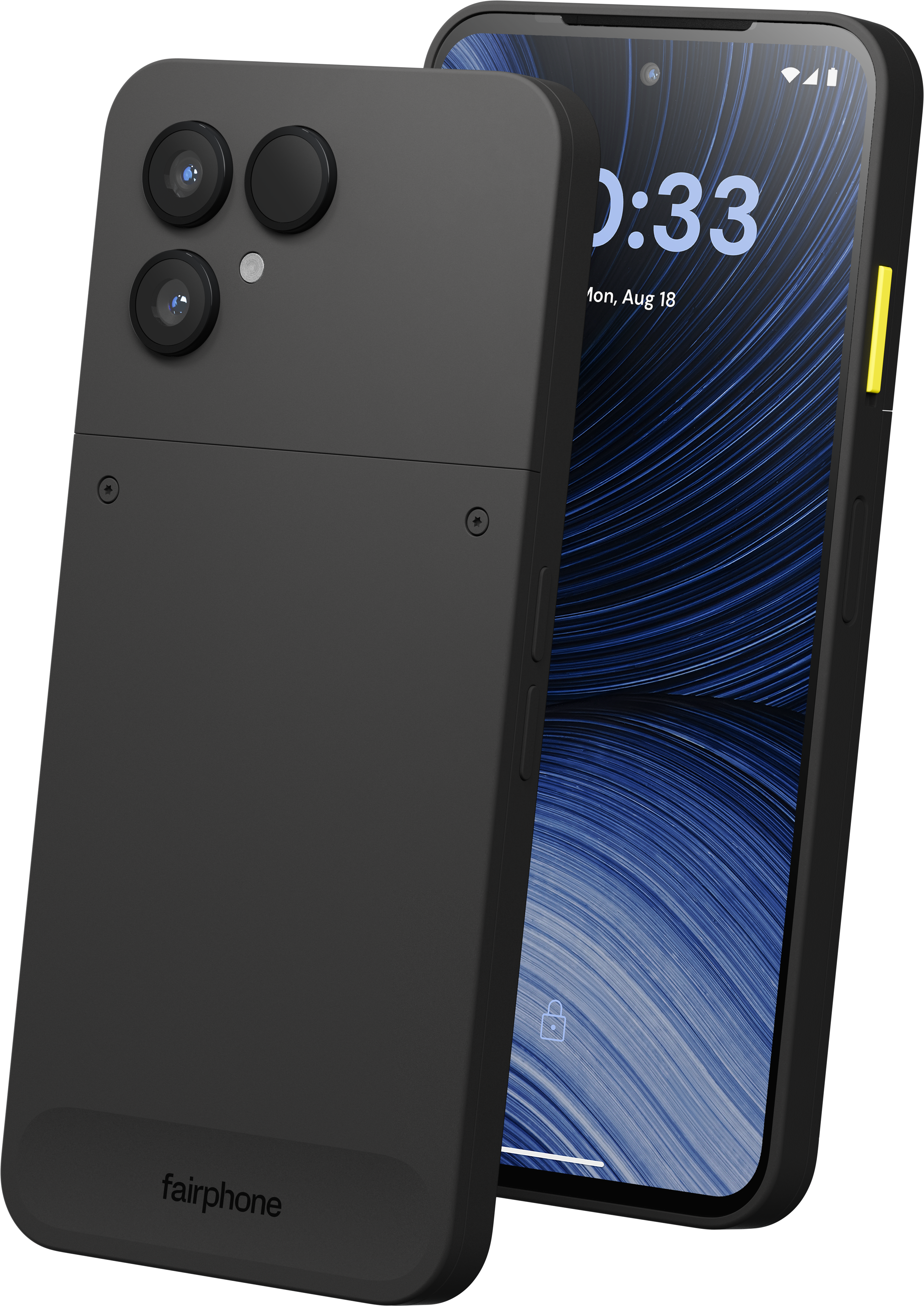 Ein schwarzes Fairphone zeigt Vorder- und Rückseite mit Kameras, dem Fairphone-Logo und einem bunten Display.