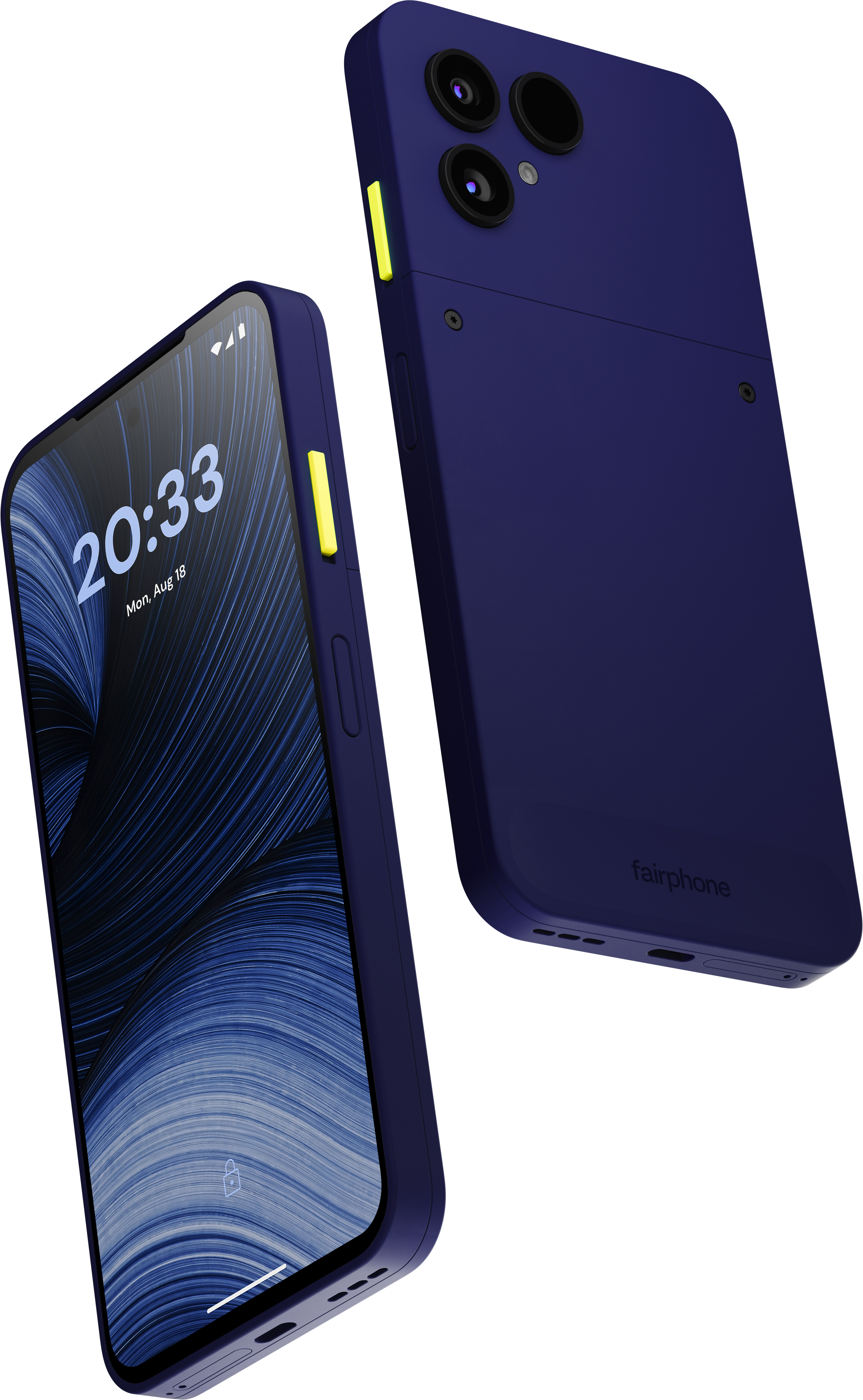Zwei dunkelblaue Smartphones mit gelben Tasten, eines zeigt den Bildschirm, das andere die Rückkamera.