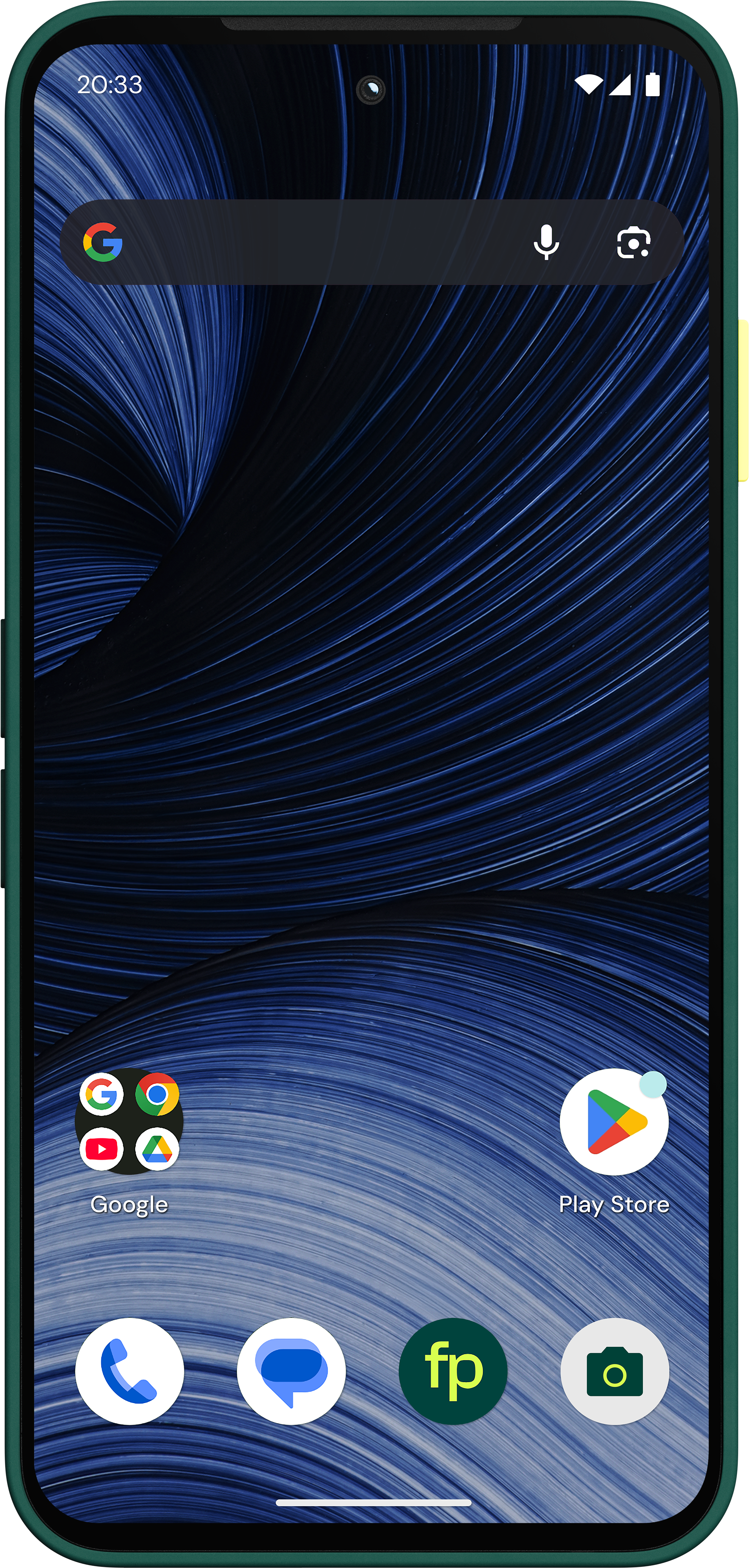 Smartphone-Bildschirm mit blauem abstrakten Hintergrund, Google-Suchleiste und App-Symbolen.