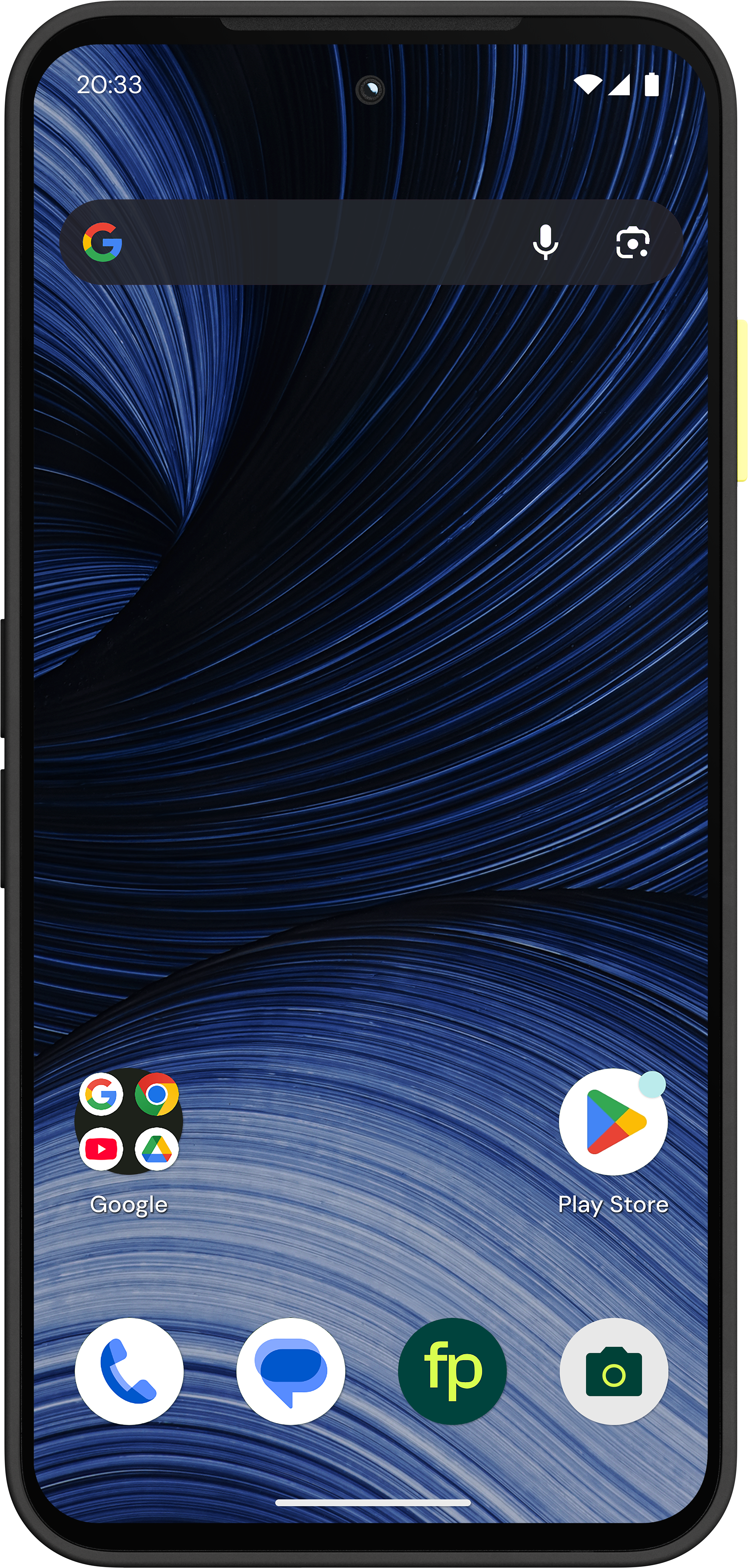 Ein Smartphone mit blauem geschwungenem Hintergrund, Google-Suchleiste und App-Symbolen auf dem Startbildschirm.