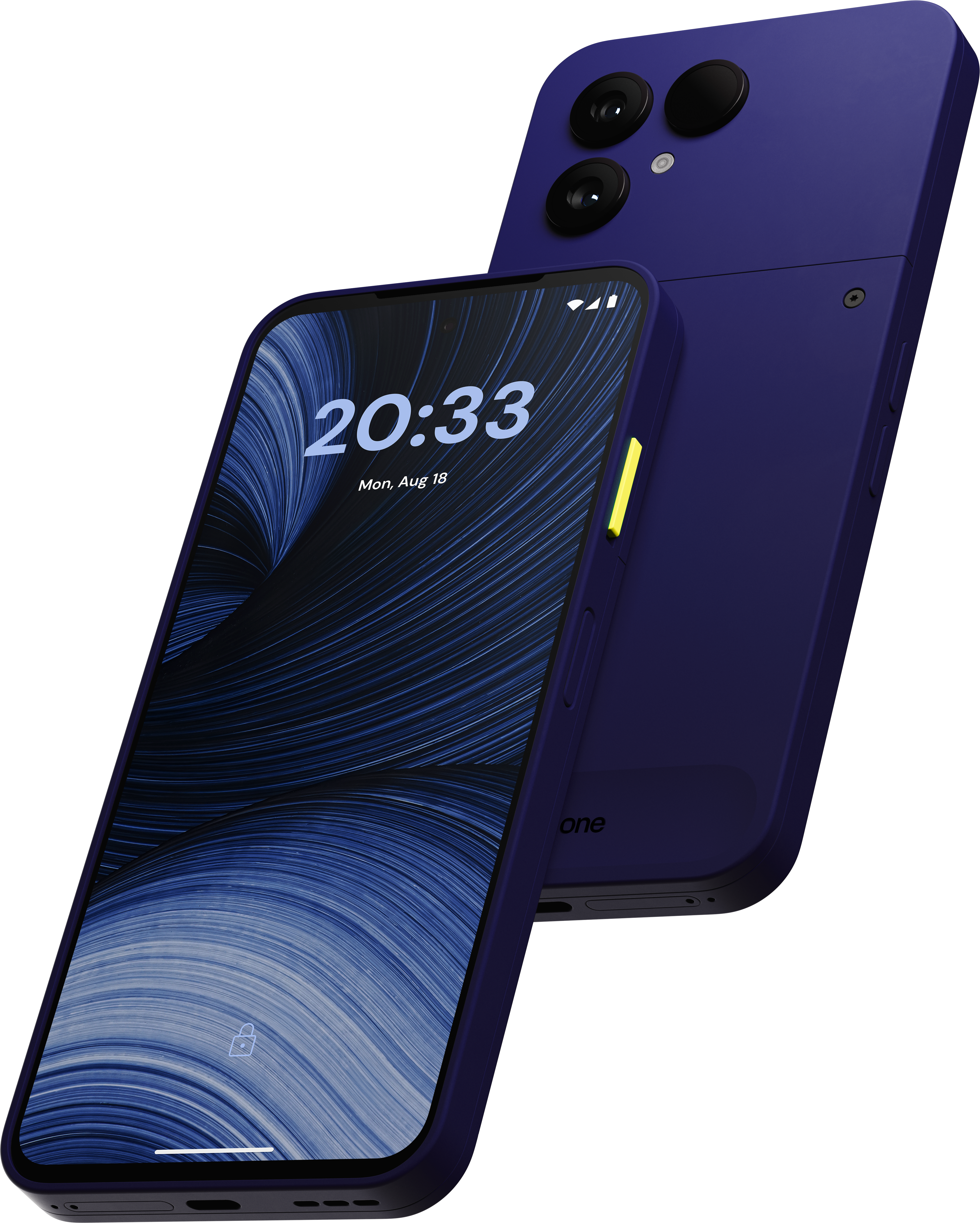 Dunkelblaues Smartphone mit gelbem Einschalttaste und dreifacher Kamera, Display zeigt abstraktes blaues Muster.
