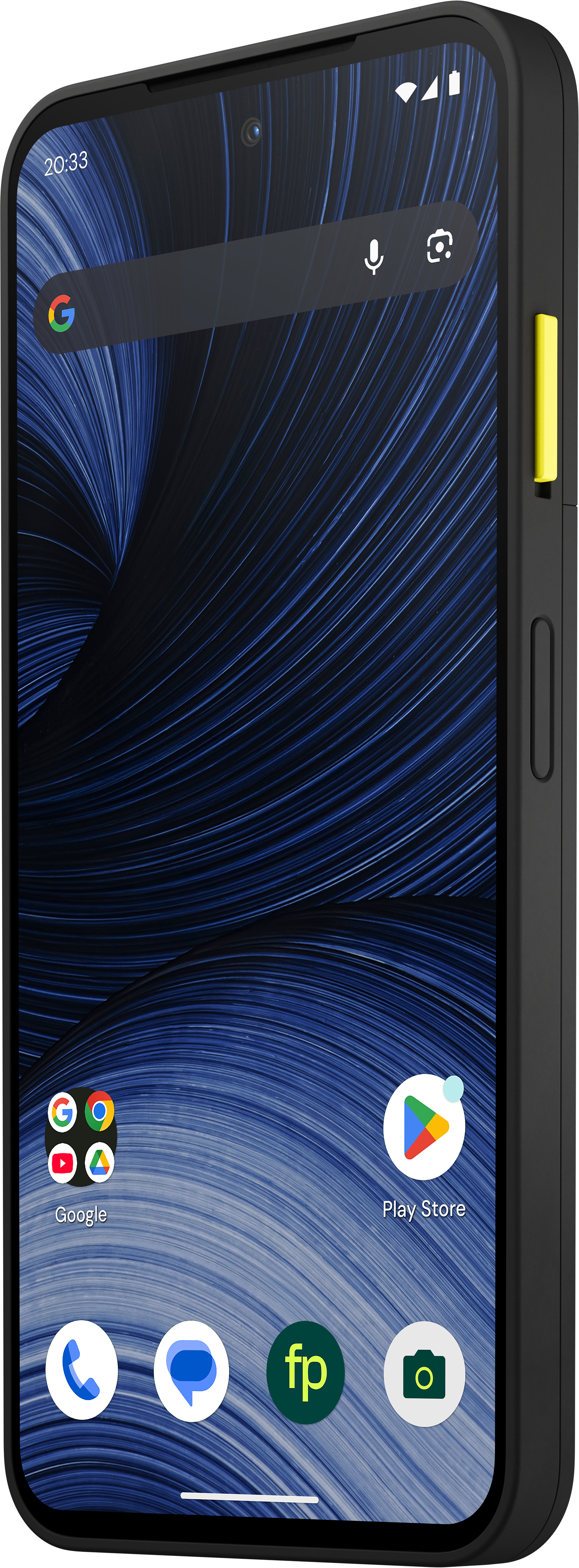 Ein schwarzes Smartphone mit blauem Spiralhintergrund und gelbem Seitentaste.