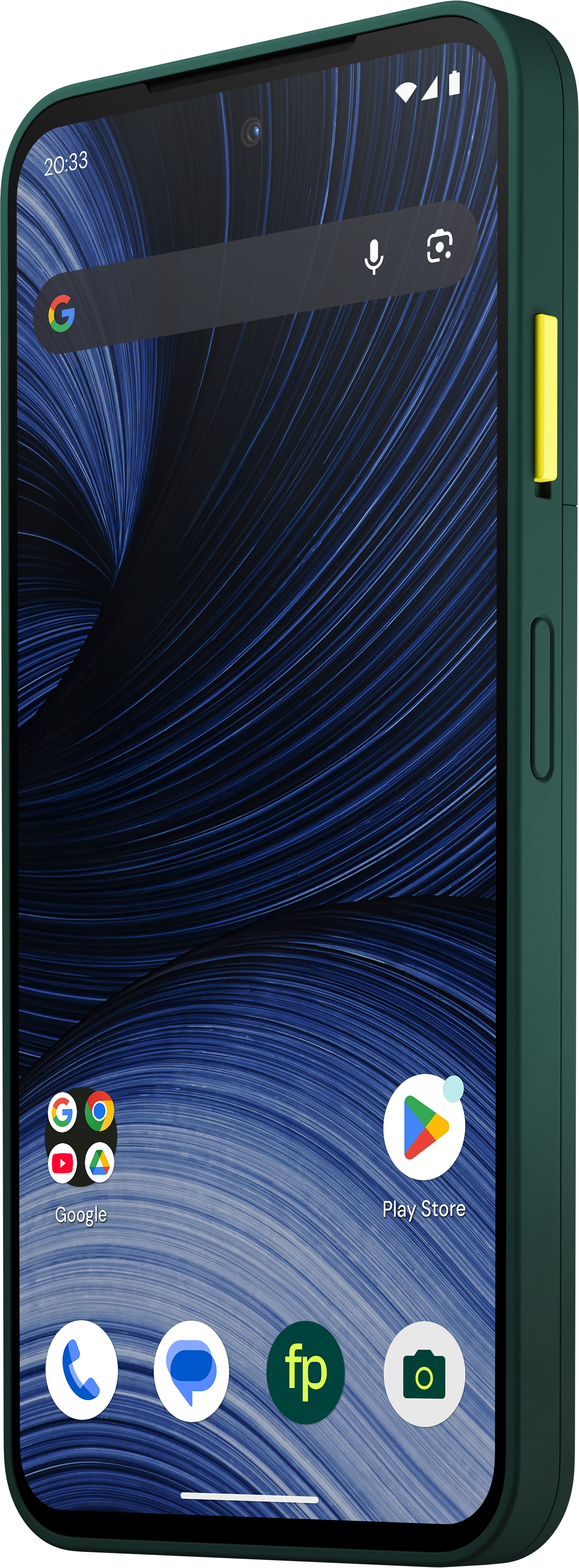 Ein grünes Smartphone mit blauem Hintergrund auf dem Bildschirm und einer gelben Taste an der Seite.
