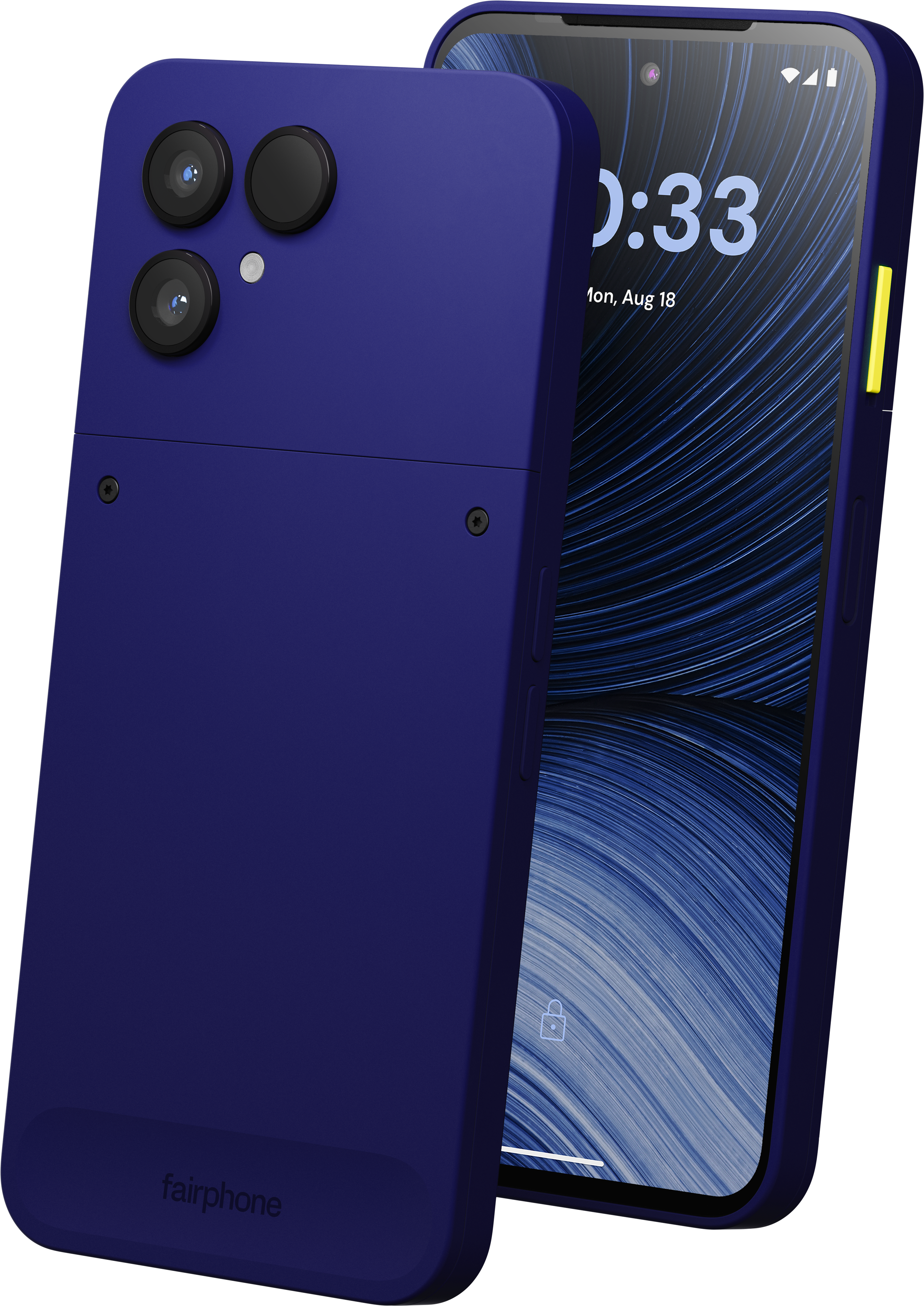 Blaue Smartphones, eines zeigt die Rückseite mit drei Kameras, das andere die Vorderseite mit dem Display.