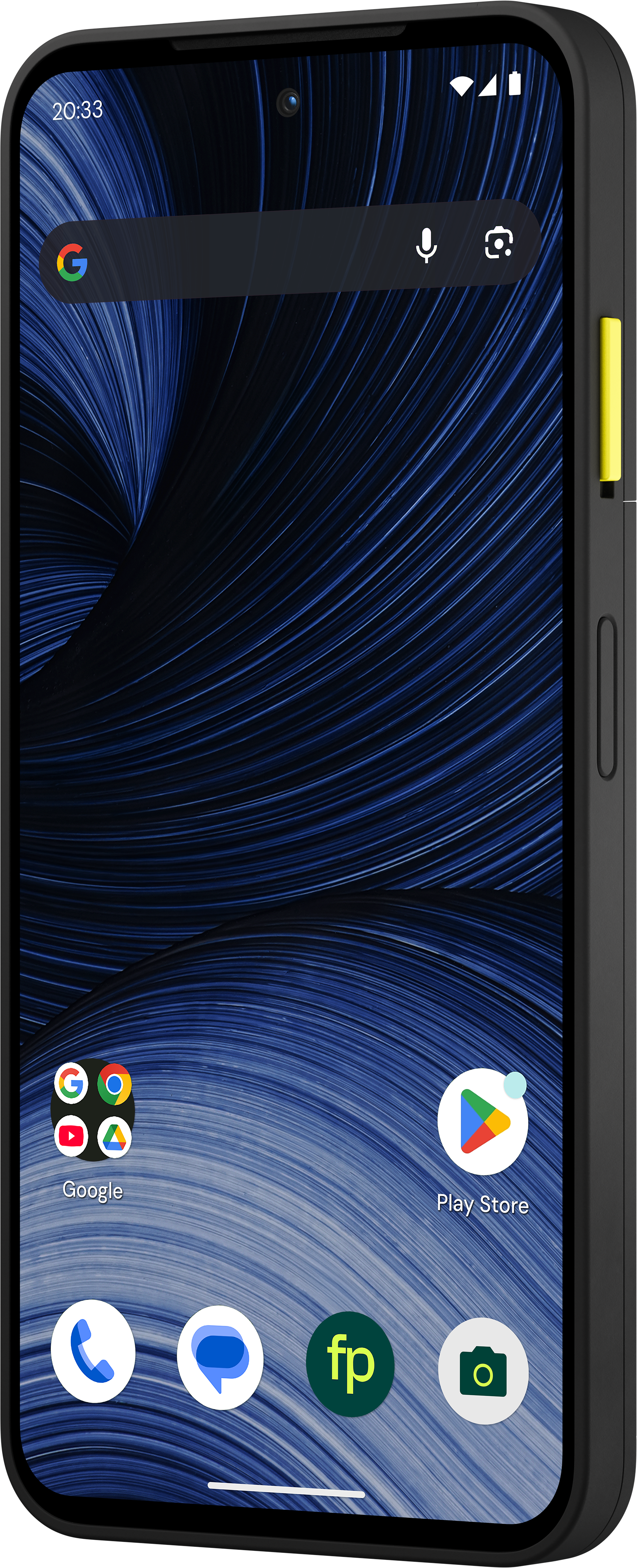 Ein schwarzes Smartphone mit blauem abstrakten Hintergrundbild, App-Symbolen und gelbem Seitenknopf.