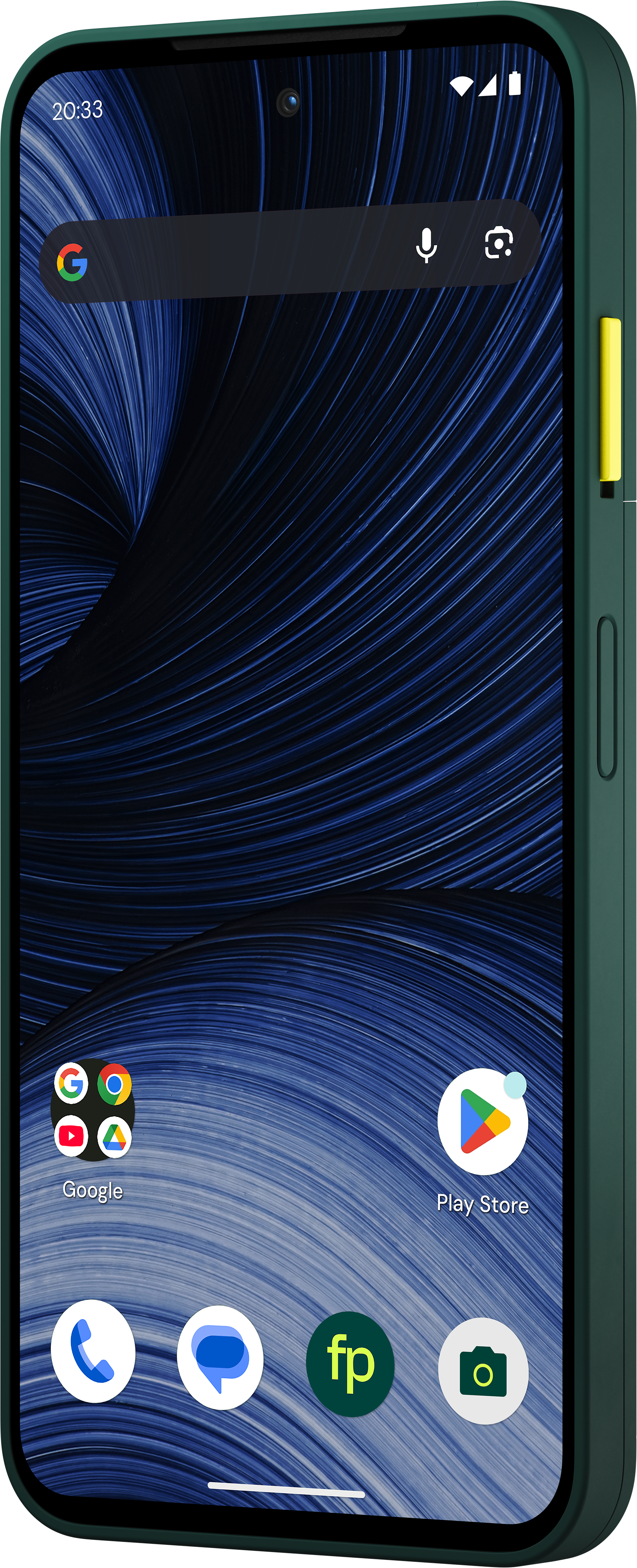 Ein grünes Smartphone mit schwarzem Rand zeigt auf dem Display einen blauen Wirbel als Hintergrund und App-Symbole.