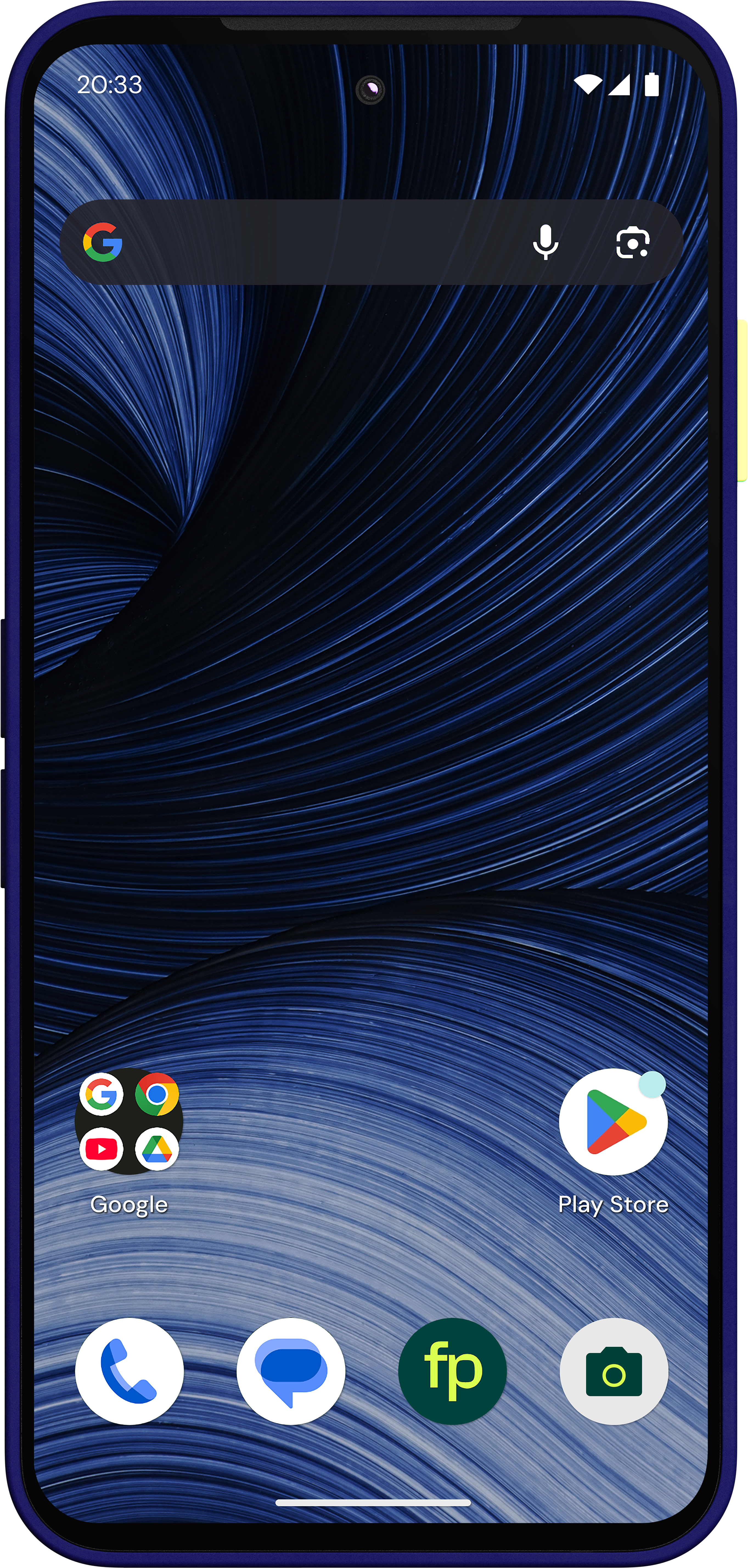 Ein Smartphone-Bildschirm mit blauem Wellenhintergrund, Google-Suchleiste und verschiedenen App-Symbolen.