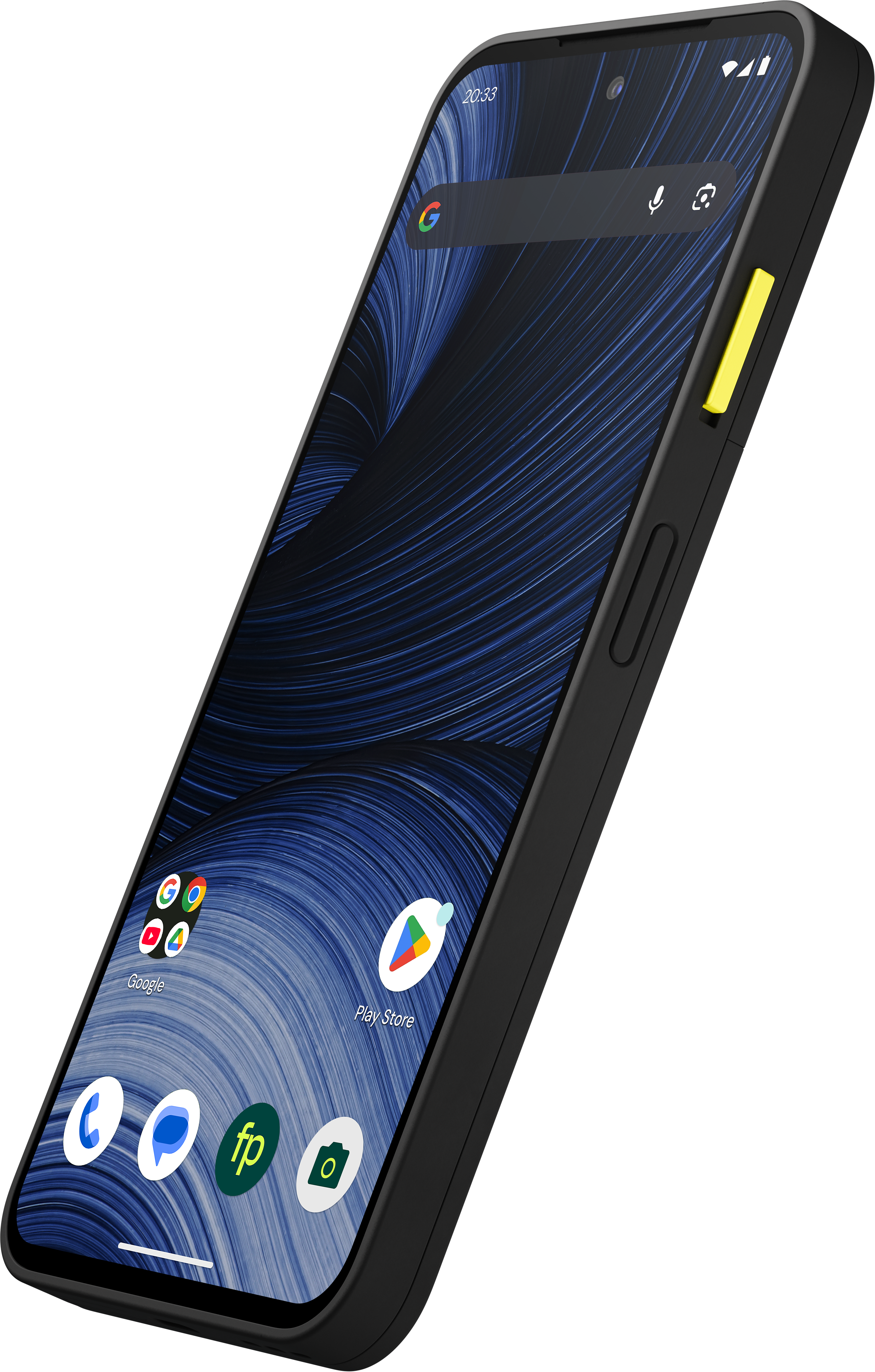 Ein schwarzes Smartphone mit blauem geschwungenem Hintergrund und einer gelben Taste an der Seite.