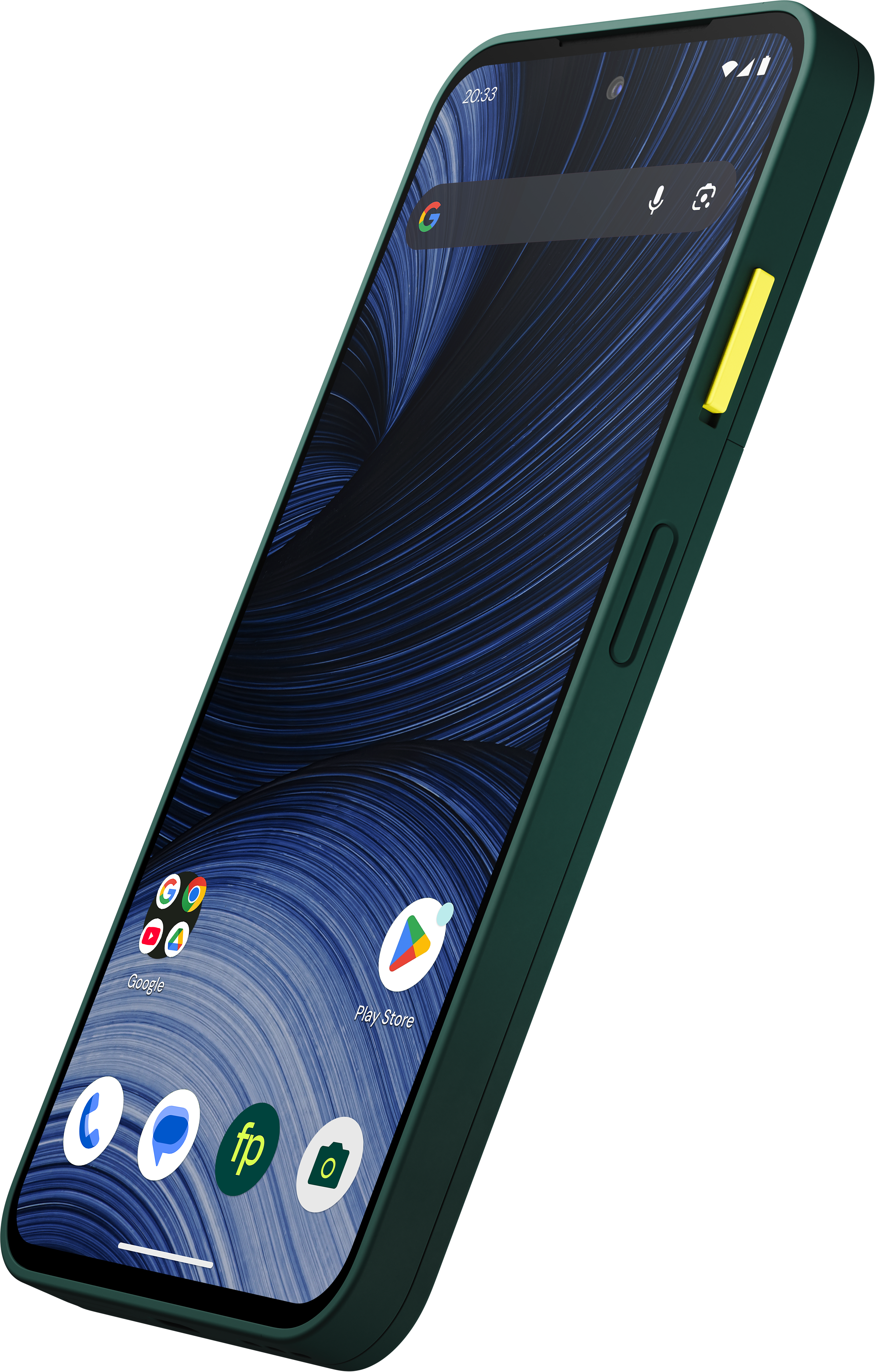 Grünes Smartphone mit blauer Tapete und gelber Einschalttaste.
