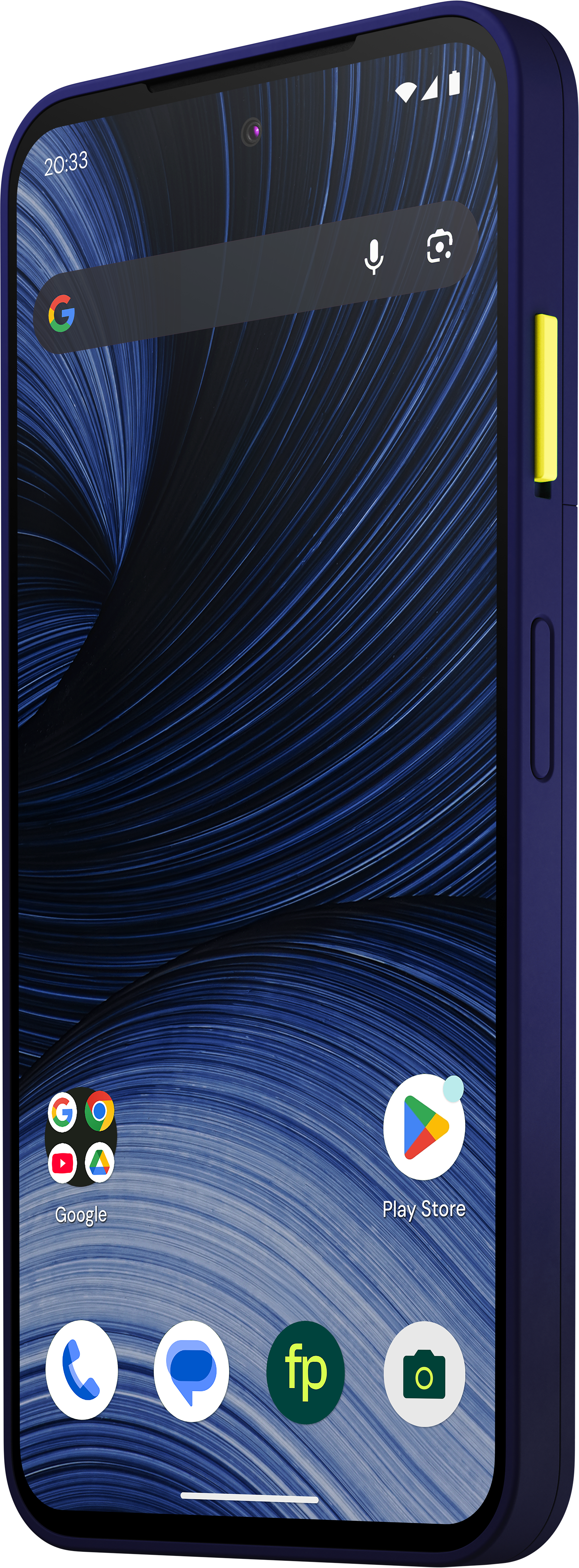Ein blaues Smartphone mit blauer geschwungener Hintergrundgrafik und App-Icons auf dem Display.