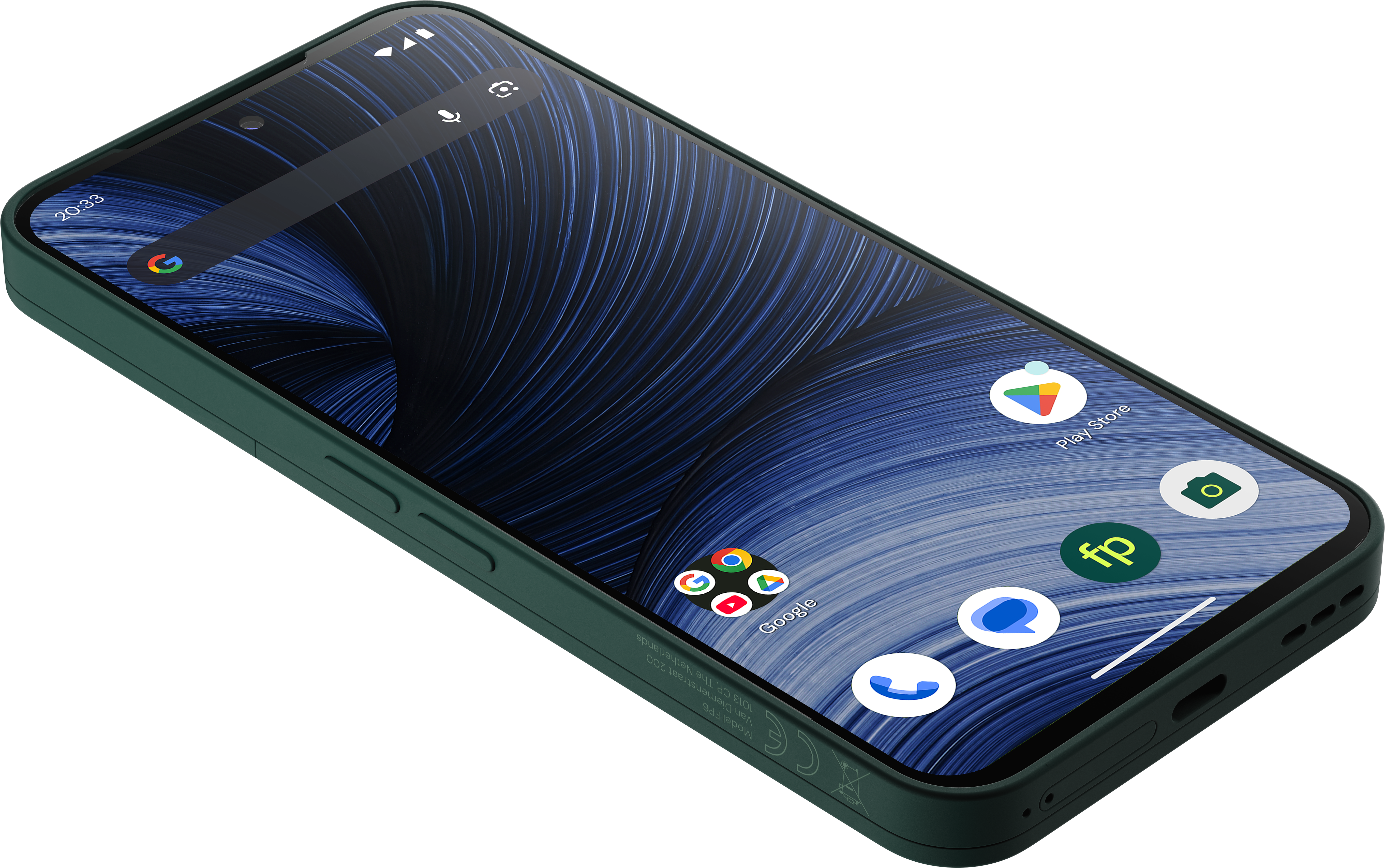 Ein grünes Smartphone mit blauem Wellen-Hintergrundbild liegt schräg auf einer weißen Oberfläche.